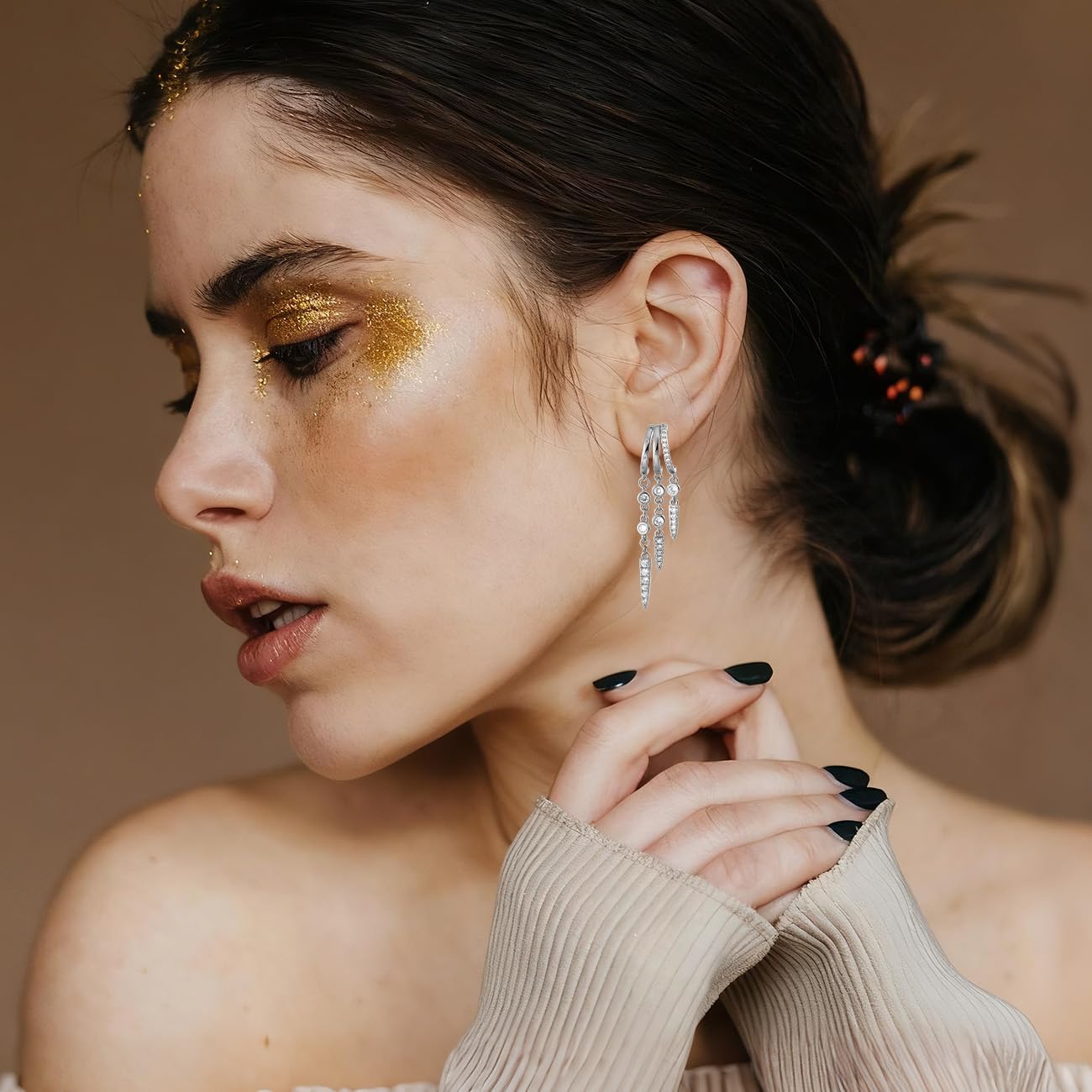 Emibele Huggie Dangle Earrings for Women, Non Tarnish Triple Hoop Drop Earrings with Cubic Zirconia, Trendy Hypoallergenic Long Chain Huggie Earrings Fashion Jewelry Gifts - Image 3