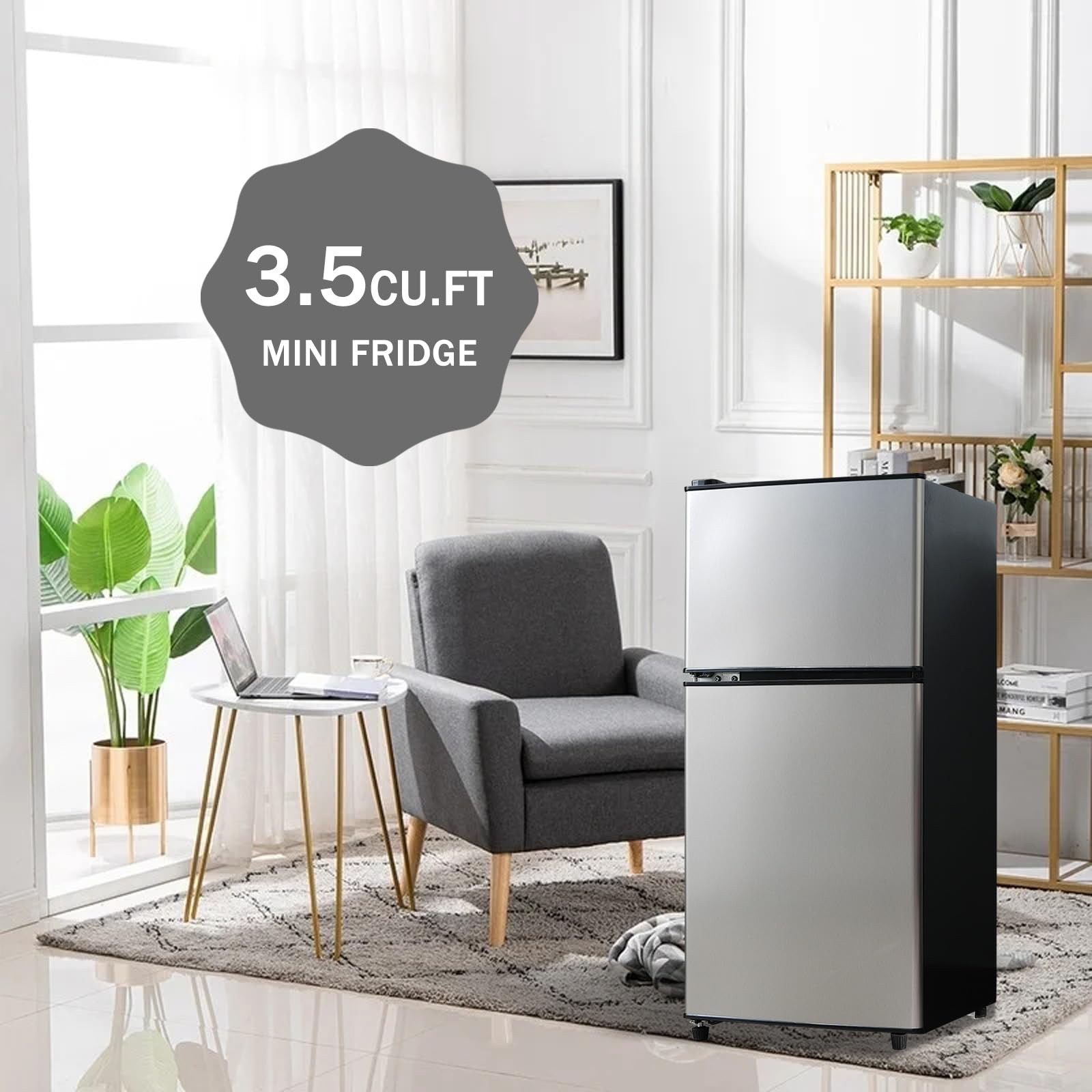 Mini Fridge with Freezer Silver 3.5 Cu.ft Compact Refrigerator Small for Home, Office, Dorm, RV, Apartment with Adjustable Mechanical Thermostat 2-Door Design on Fridge.com