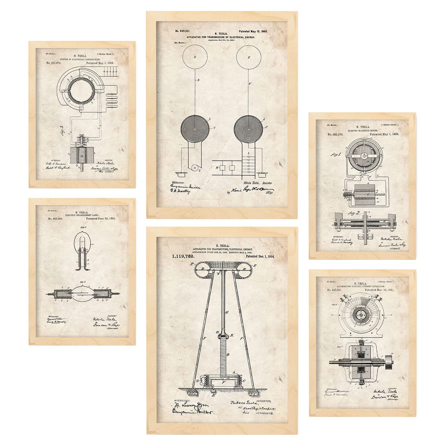 Nacnic Set of 6 Electricity 1 patent prints. Posters with retro patent illustrations for your home, shop, office... Vintage style interior decoration. A4 and A3 sizes. No frame.