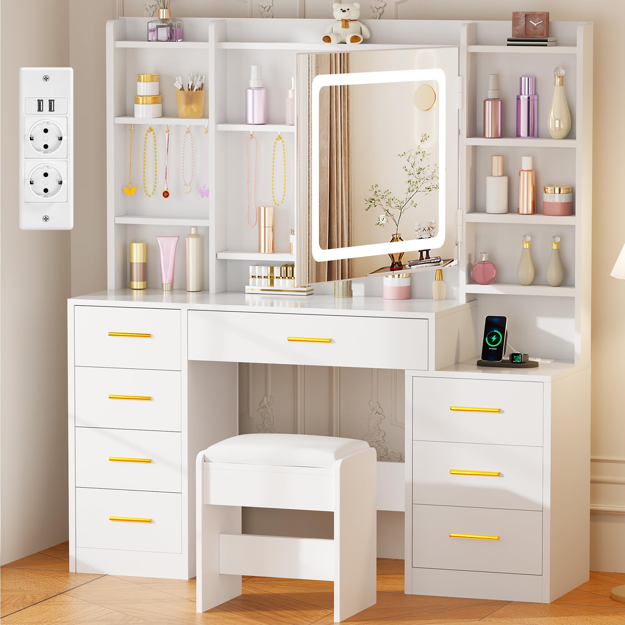 BEWISHOME Grande Coiffeuse avec Miroir et Éclairage LED