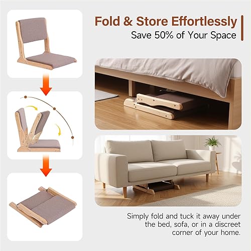 Miniatura 7 de Tiita Silla de juegos de suelo de 2 piezas, sillas plegables de tatami de meditación, silla de respaldo con cojín, asiento de silla de sala de