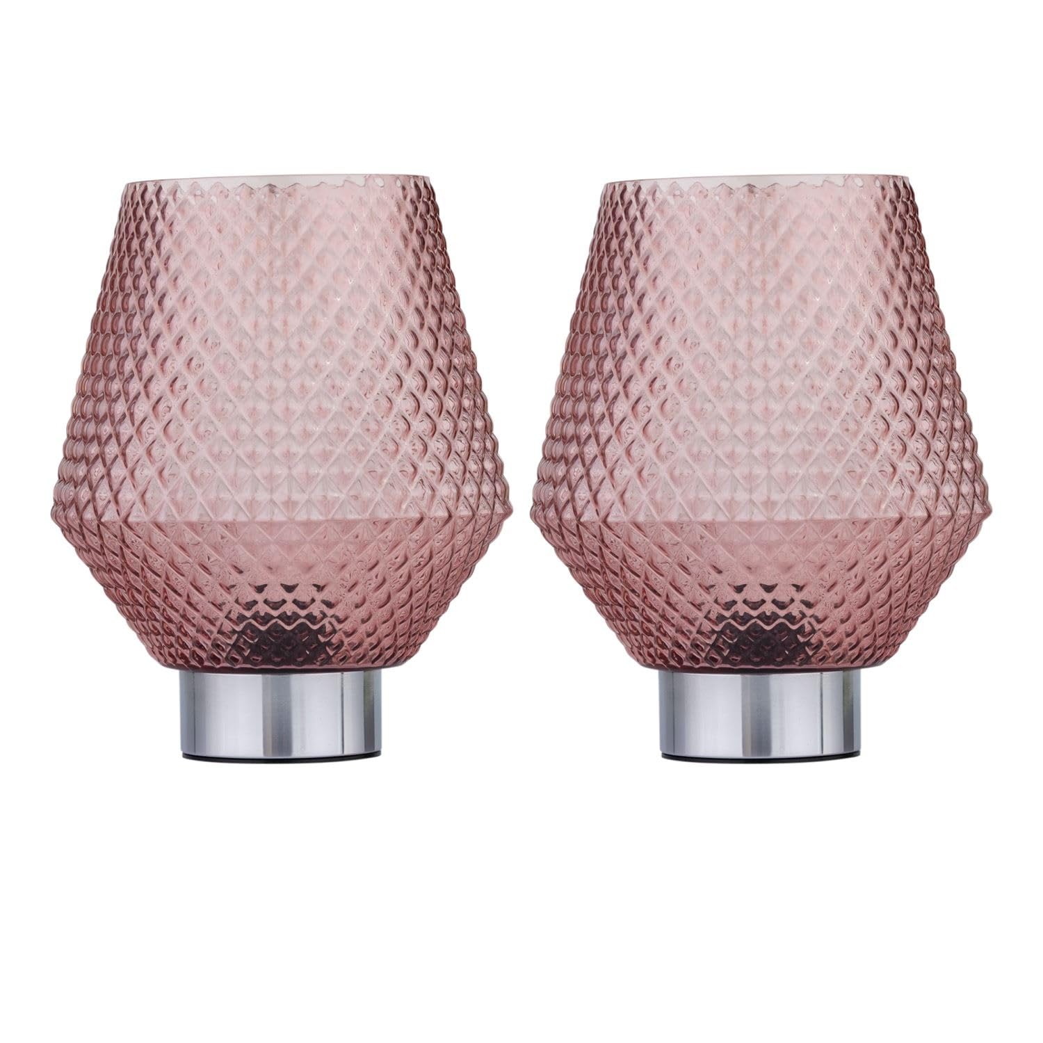 Firstchoicelighting Chrome & Pink Set Of 2 Battery Operated Table Lamps Or Bedside Lights, Chrome With Blush Pink Textured Glass, 2W S14 Bulb Included, 20Cm Height