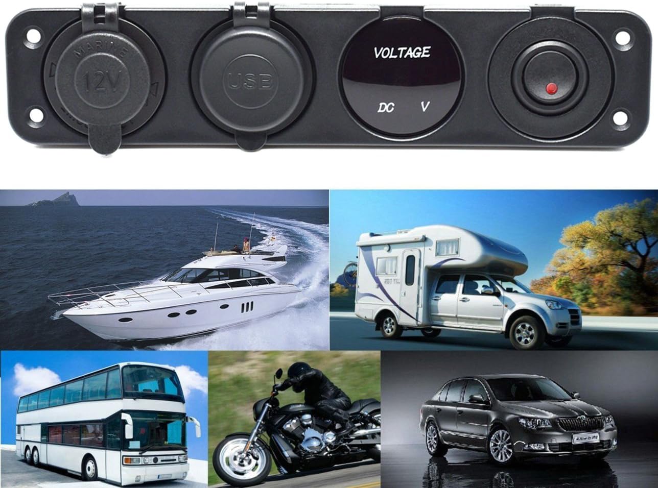 Cllena Dual USB Socket Charger 2.1A&2.1A + LED Voltmeter + 12V Power Outlet + ON-Off Toggle Switch Four Functions Panel for Car Boat Marine RV Truck Camper Vehicles GPS Mobiles (Red)