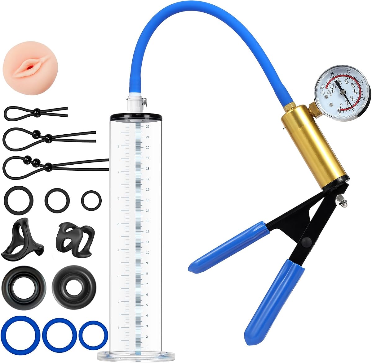 Male Enhancement Pump System 9 x 2.0 inch Cylinder,with Gauge | with a Lifelike Vagina Sleeve & 11PCS Penis Rings Set,Sex Toys - Pumps & Enlargers,Penis Male Sex Toys