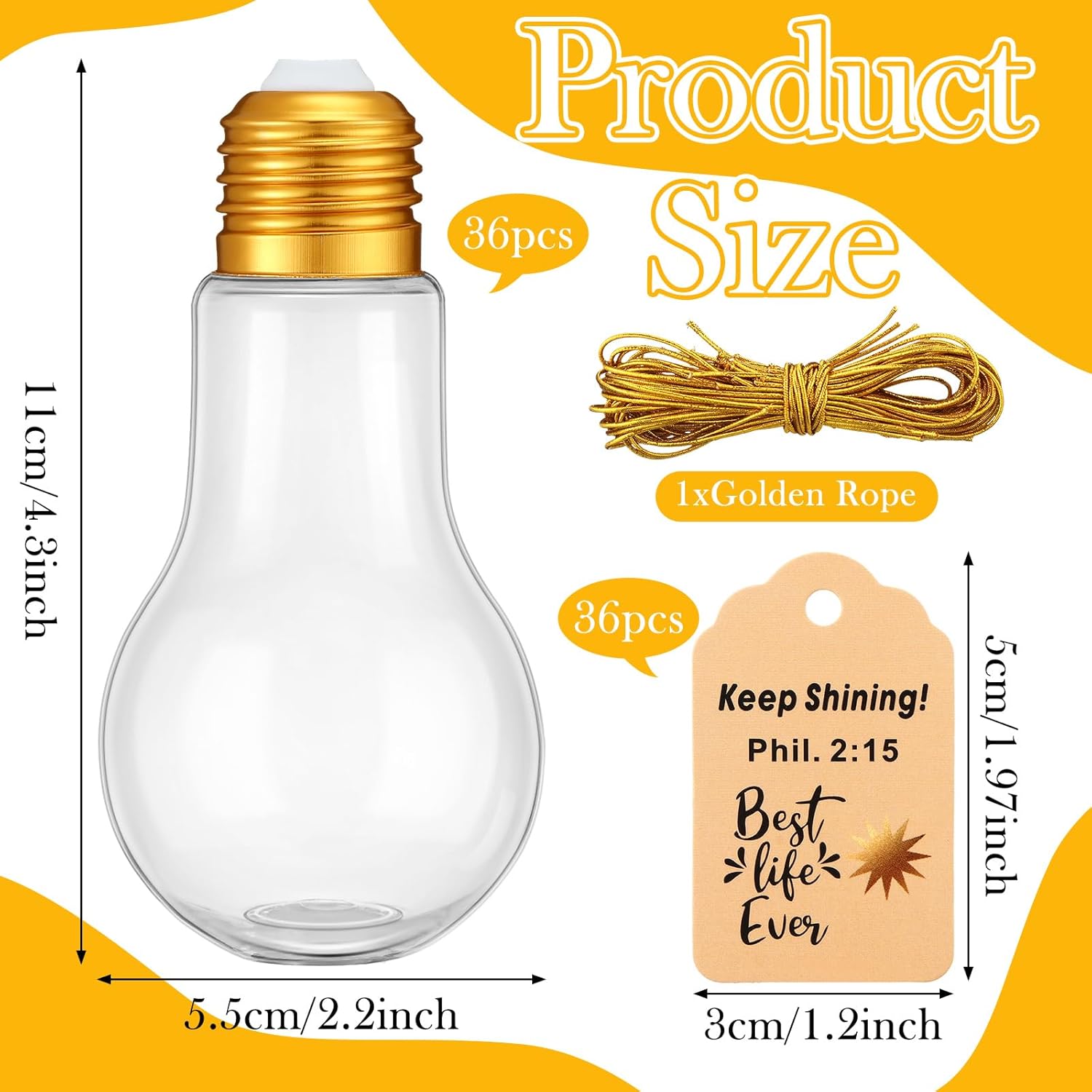 36 Pack 100 ml Bible Motivational Plastic Light Bulb Jar with Keep Shining Card and Gold String Light Bulb Candy Container Clear Fillable Light Bulb Drinking Cups for Church Gift