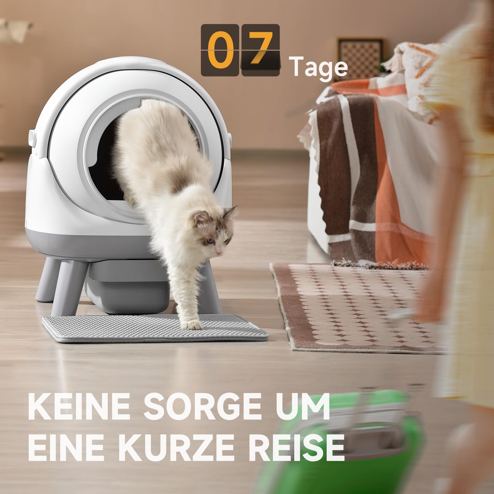 ELS PET Extragroße Selbstreinigende Katzentoilette, Sicherheitsarm, Weiß | App-Steuerung, offenes Design, Sicherheitsarm, 7 Sensoren, Geruchskontrolle, 30 cm Eingang, 18 L Tank, 1,1-8,2 kg, Antihaft