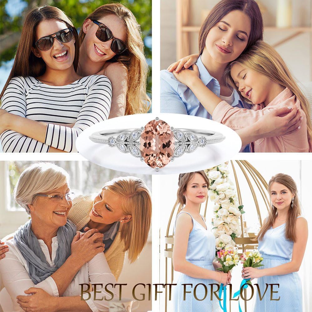 Peach Pink Morganite/Opal Ring 925 Sterling Silver White/Rose Gold Pink Morganite/Opal Engagement Wedding Ring Anniversary Jewelry Gifts for Women Mother Her