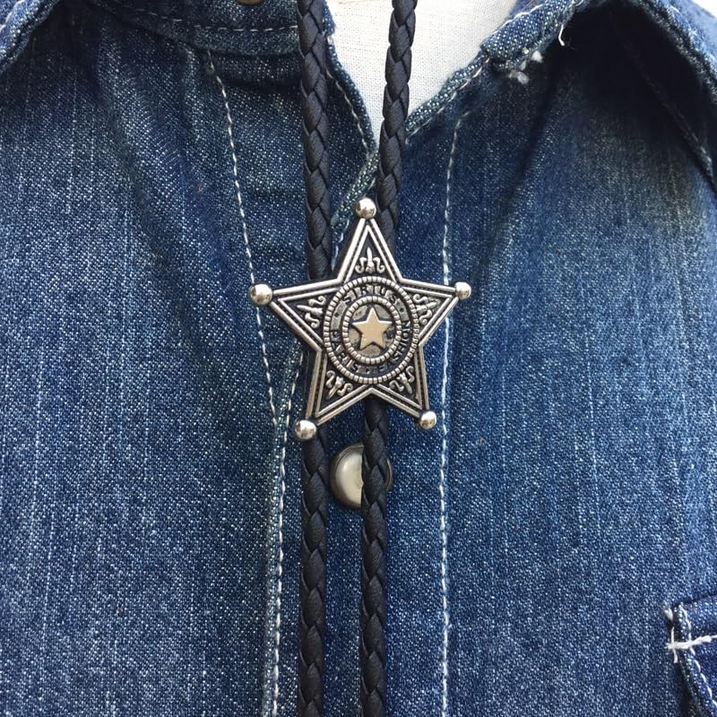 Western Sheriff Star Bolo Tie for Men, Five-Pointed Badge, Brass Tone Cowboy Faux Leather Cord Necktie Accessory