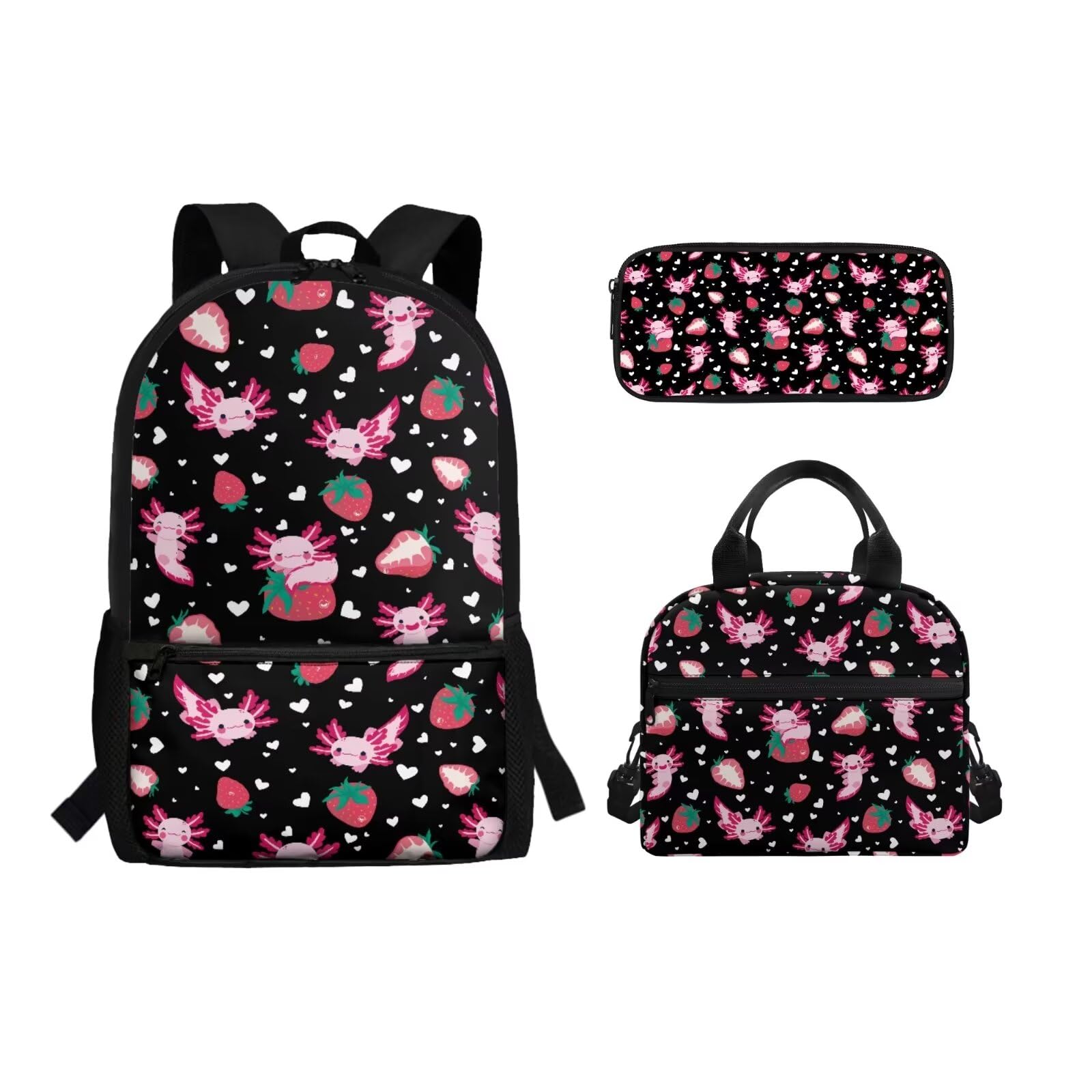 Belidome Set di borse per libri scolastici per ragazze e ragazzi, zaino e borsa per il pranzo, astuccio 3 in 1 per viaggi, picnic, leggero, Axolotl alla fragola, Taglia unica, Set di zaini per la
