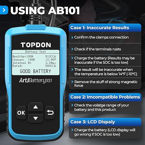 Miniatura 6 de TOPDON AB101 Probador de Batería de Coche 12V Probador de Carga de Batería de Coche en Sistemas de Arranque y Carga, Analizador de Alternador