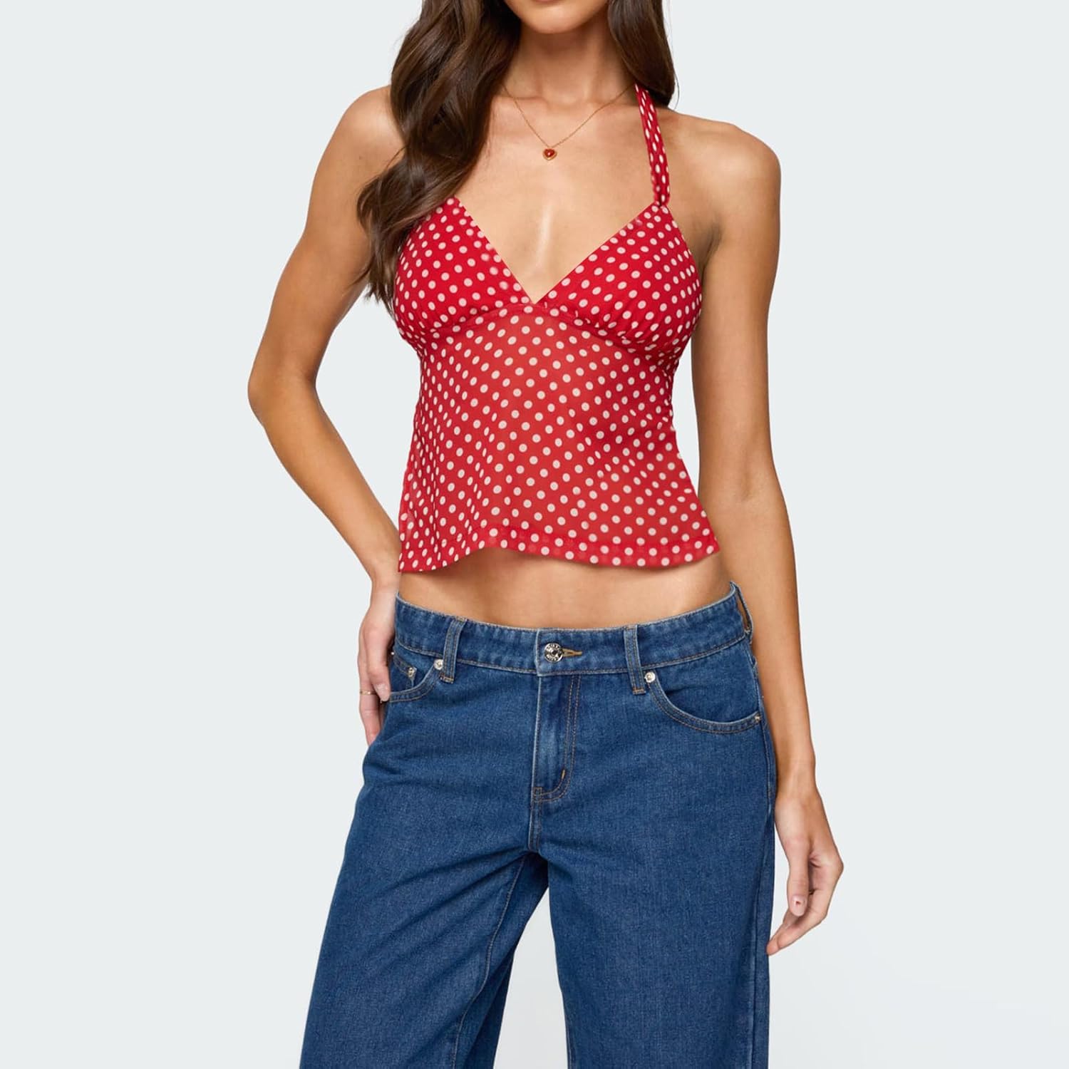 Women's Y2k Polka Dots Halter Neck Tops Sexy Deep V Neck Sleeveless Backless Tie Up Cropped Tank Top - Image 2