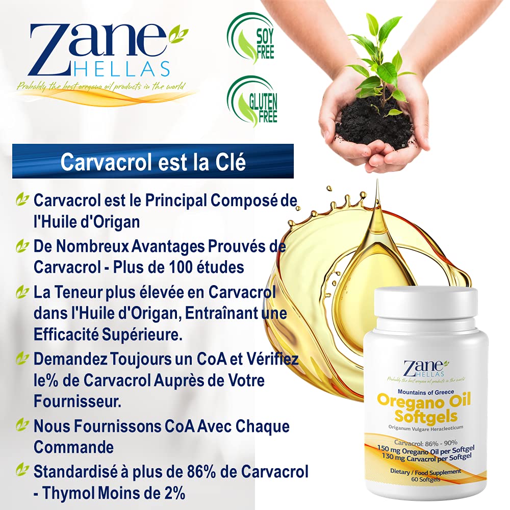 Zane Hellas Gélules d’huile d’origan. La concentration la plus élevée au monde. Chaque Softgel contient 30% d'huile essentielle grecque pure d'origan. 130 mg de carvacrol par softgel. 60 gélules.