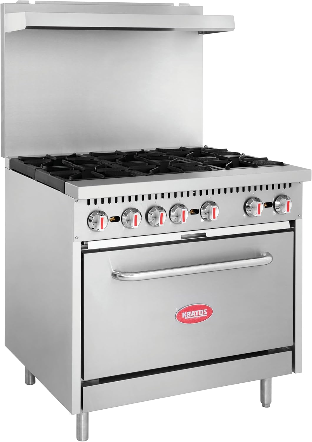 Kratos 36″ Commercial Gas Range & Oven, 6 Burners and Full Size Oven, Natural Gas, 210,000 BTU Output, Freestanding Range for Restaurants (29Y-044-NAT) Kratos 36″ Commercial Gas Range & Oven, 6 Burners and Full Size Oven, Natural Gas, 210,000 BTU Output, Freestanding Range for Restaurants (29Y-044-NAT)