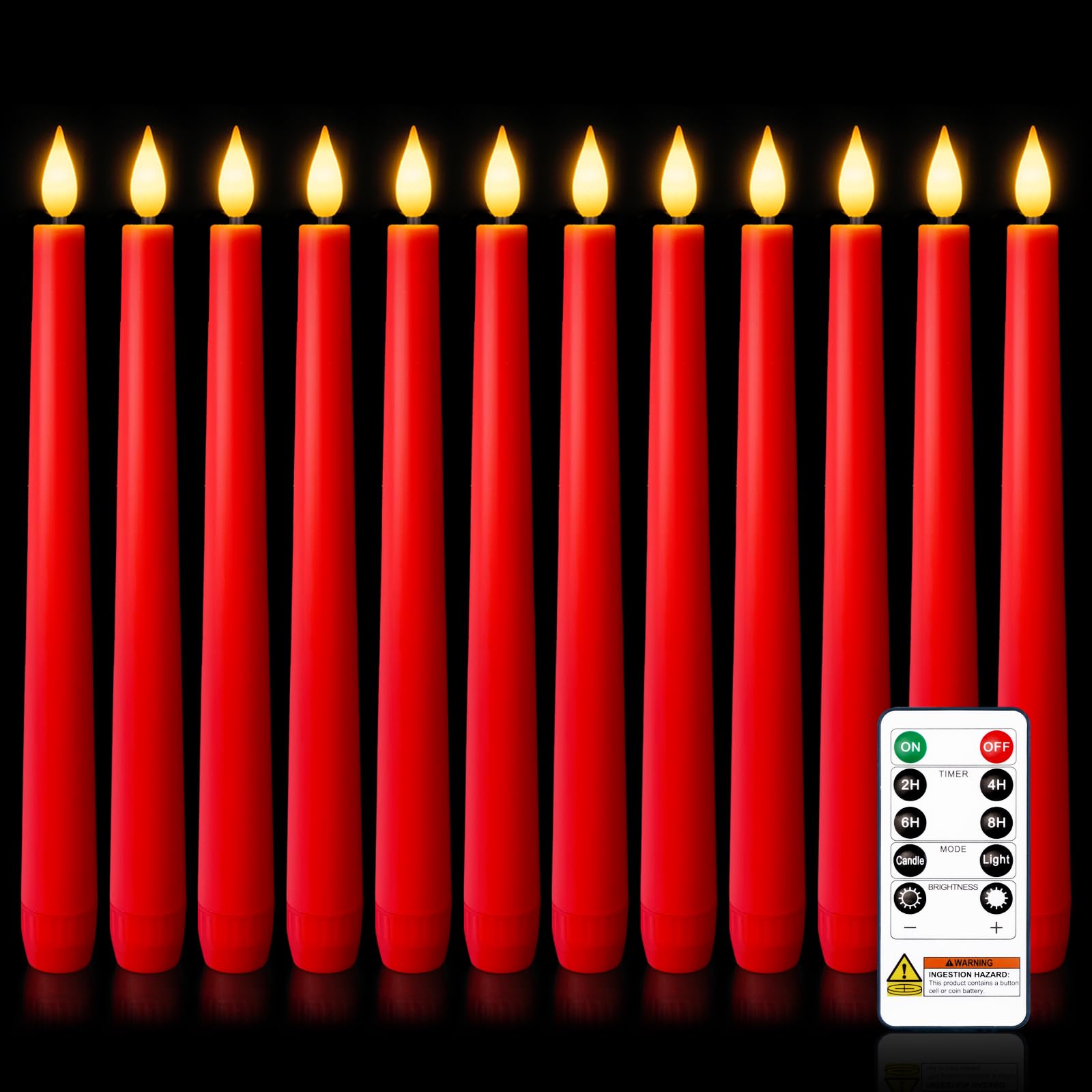 Homemory 12 velas cónicas sin llama cerosas con control remoto, velas LED sin llama, velas altas clásicas, parpadeantes que funcionan con pilas, velas cónicas para dormitorio, comedor, rojo, 9.6