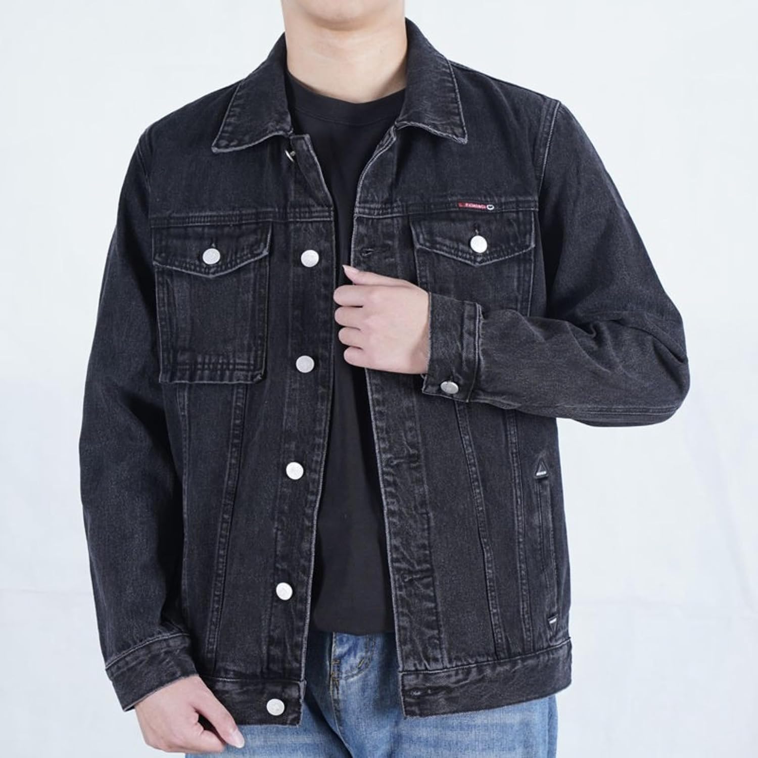 Men Solid Color Casual Denim Jacket Classic Comfy Button Work Jean Jacket Spring Vintage Loose Outerwear with Pocket