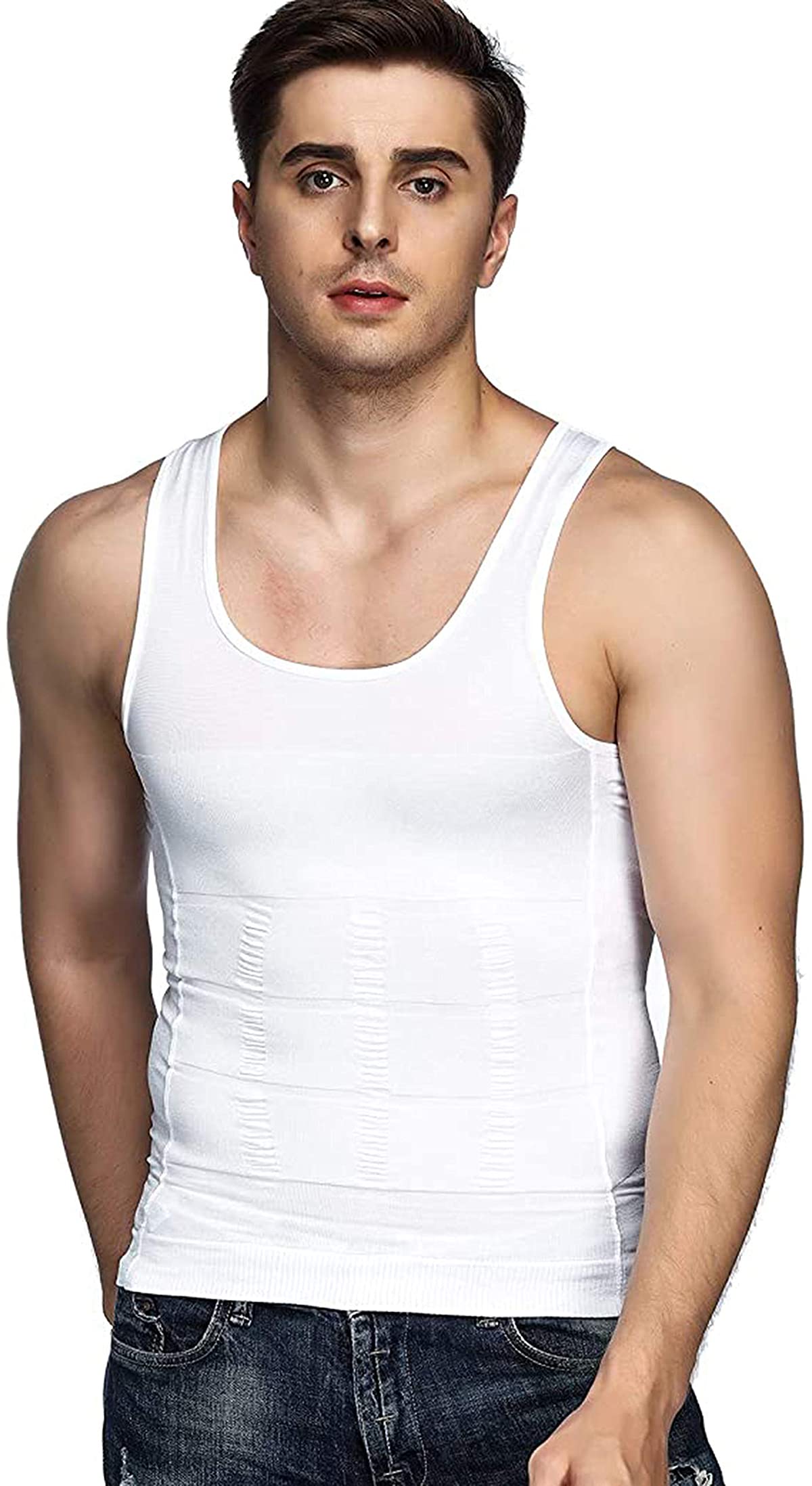 KASTWAVEMens Compression Tank Top Slimming Body Shaper Vest Shirts, Abdomen Slim Gym Compression Shirt Tank Top Shapewear Athletic Base Layer Tank Top for Moisture Wicking Running Training - White