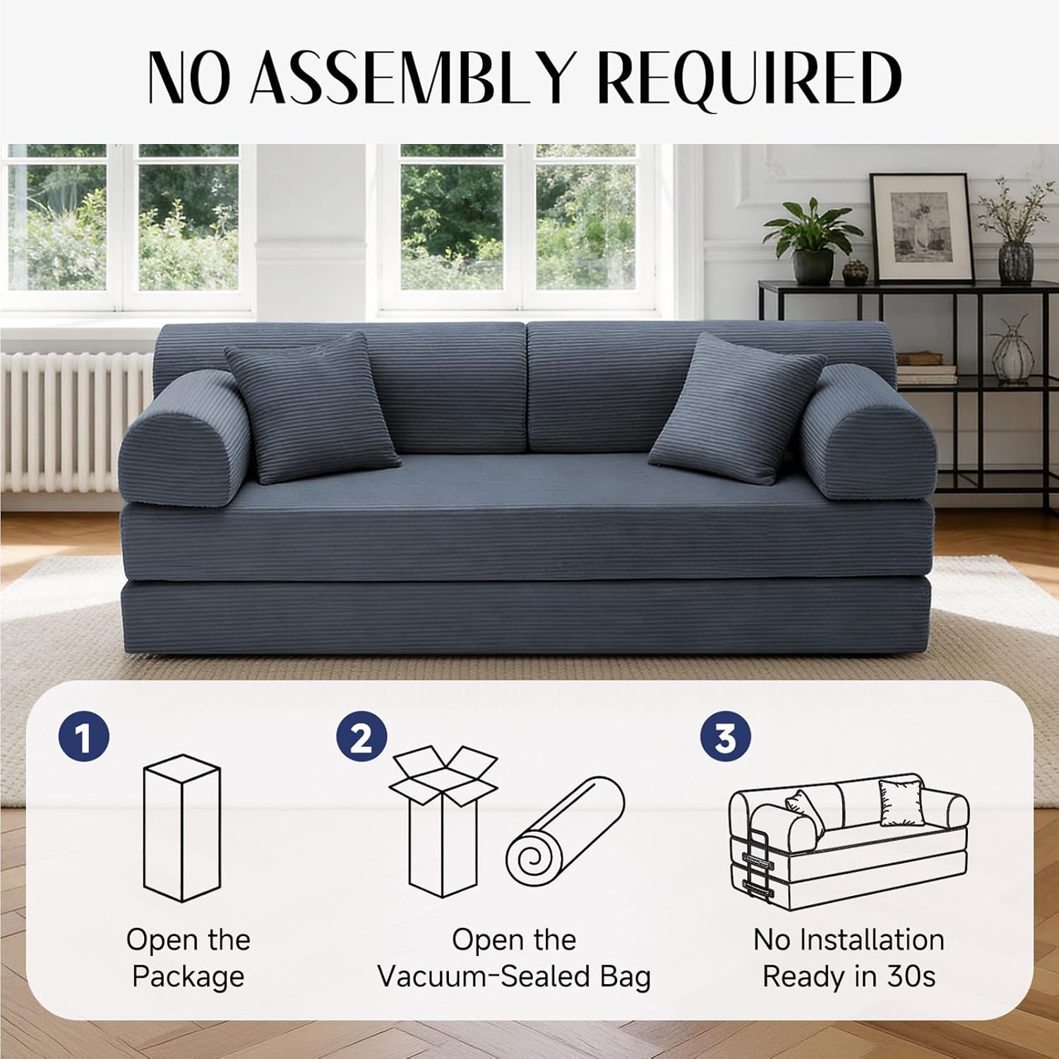 SAVENICA 79'' Convertible Sofa Bed, 6-in-1 Folding Floor Couch Sleeper with Reinforced Frame, Corduroy Modular Futon with Armrests & Pillows, No Assembly, Space-Saving for Apartment (Dark Gray)