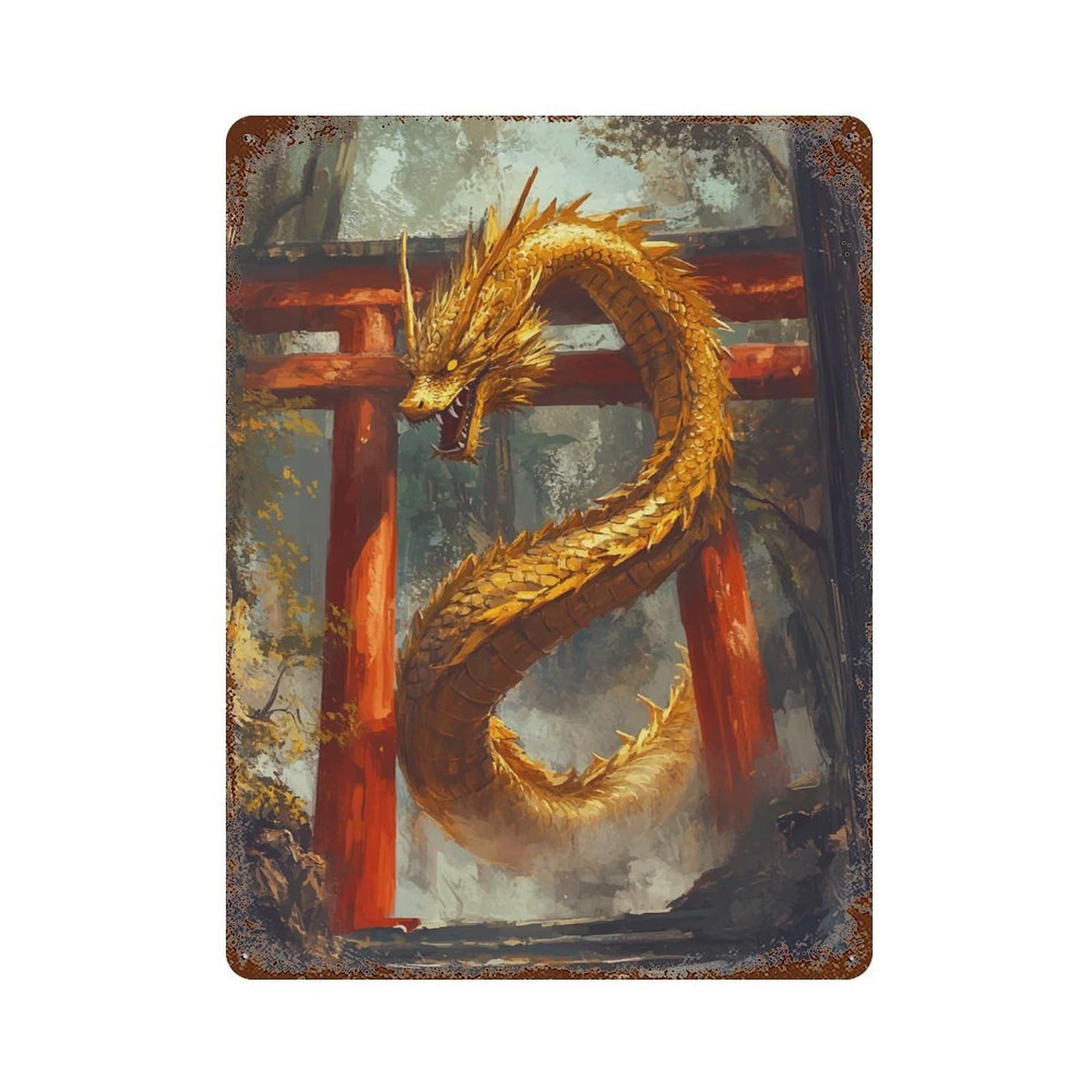 Dragon Torii Pathway Japa 15.7"x11.8" Rust Effect Tin Sign, Rustic Home Decor for Office, Studio And Wall Decor