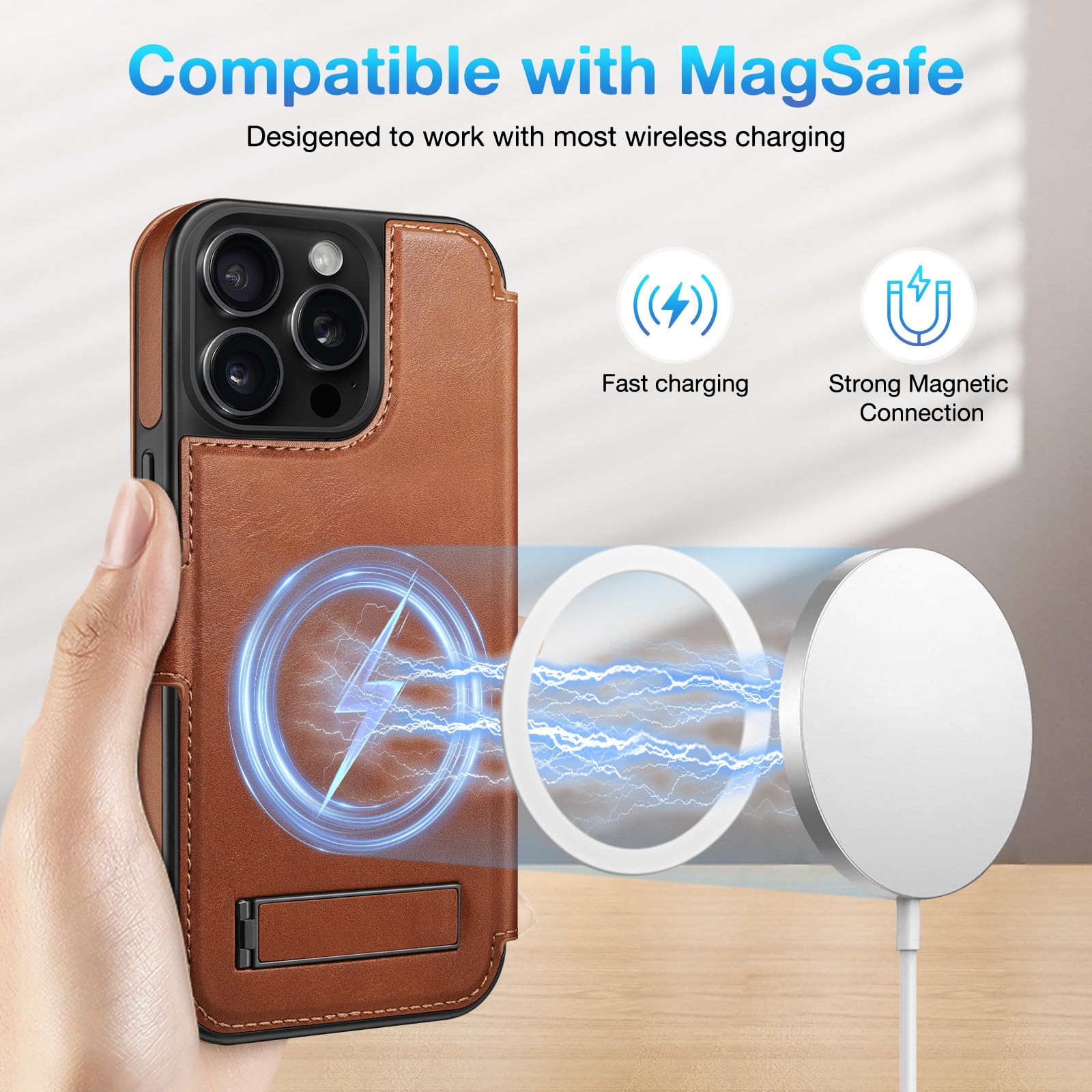 Funda tipo cartera para iPhone 13 Pro de 6.1 pulgadas, soporte invisible integrado, carga inalámbrica, 3 ranuras para tarjetas y bloqueo RFID, piel sintética, funda protectora para mujeres y