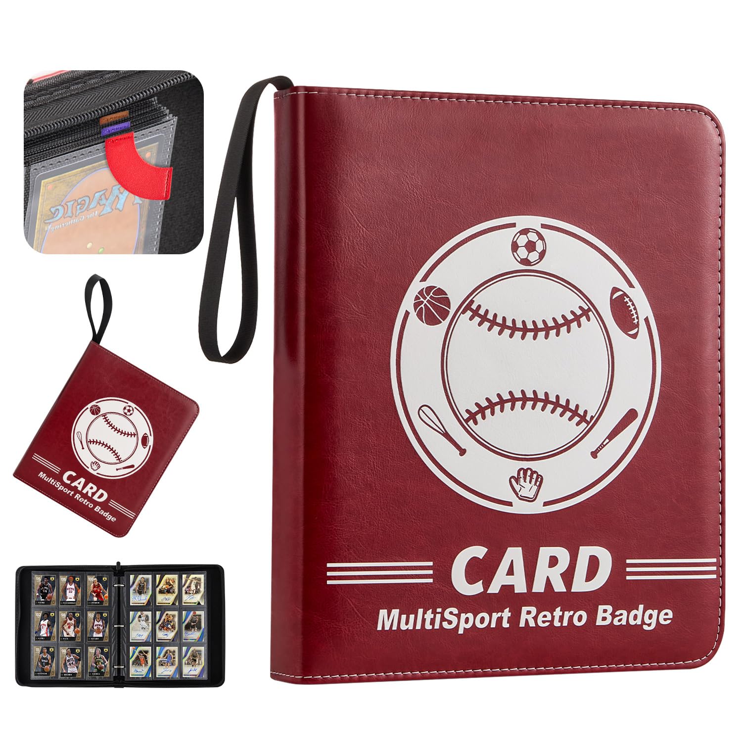 Raccoglitore per carte sportive retrò in poliuretano di alta qualità, raccoglitore per carte collezionabili con 9 tasche, 720 tasche a doppia faccia con etichetta a 4 divisori, album di carte