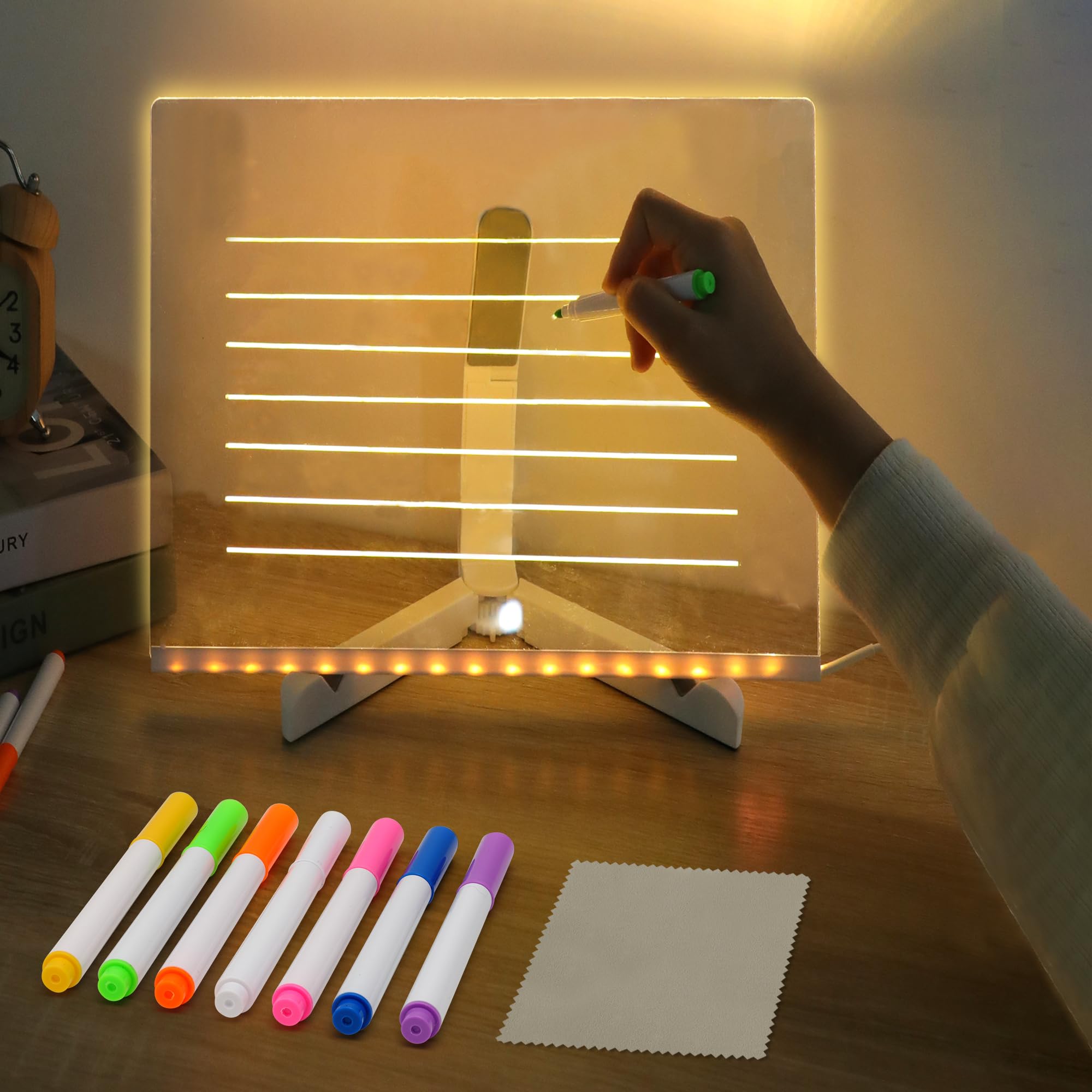 YINPAD LED Note Board with Colors, Acrylic Dry Erase Board with Light, Magical Light Board, Light Up White Board with 7 Color Pen and Adjustable Stand