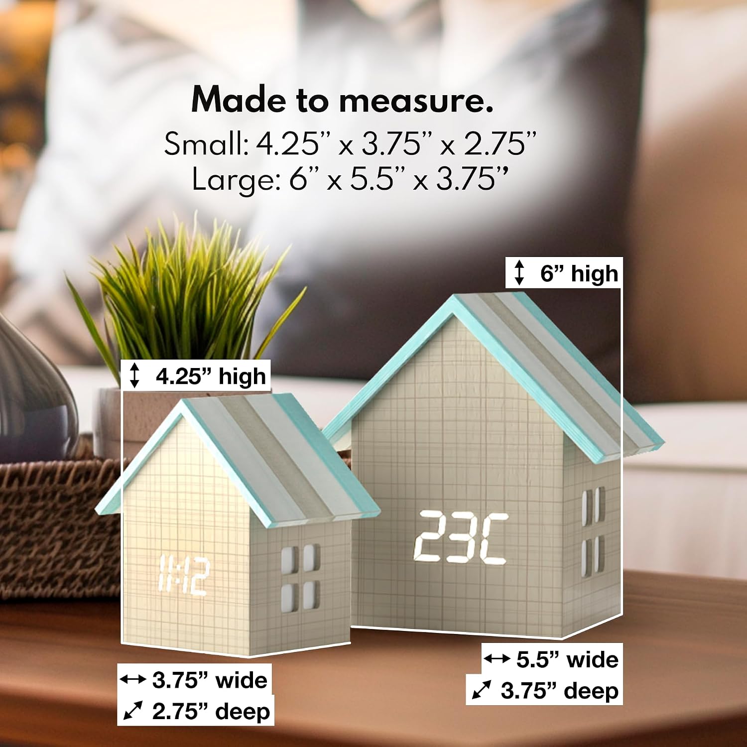 Driini Digital House-Shaped Alarm Clock in small and large sizes with dimensions