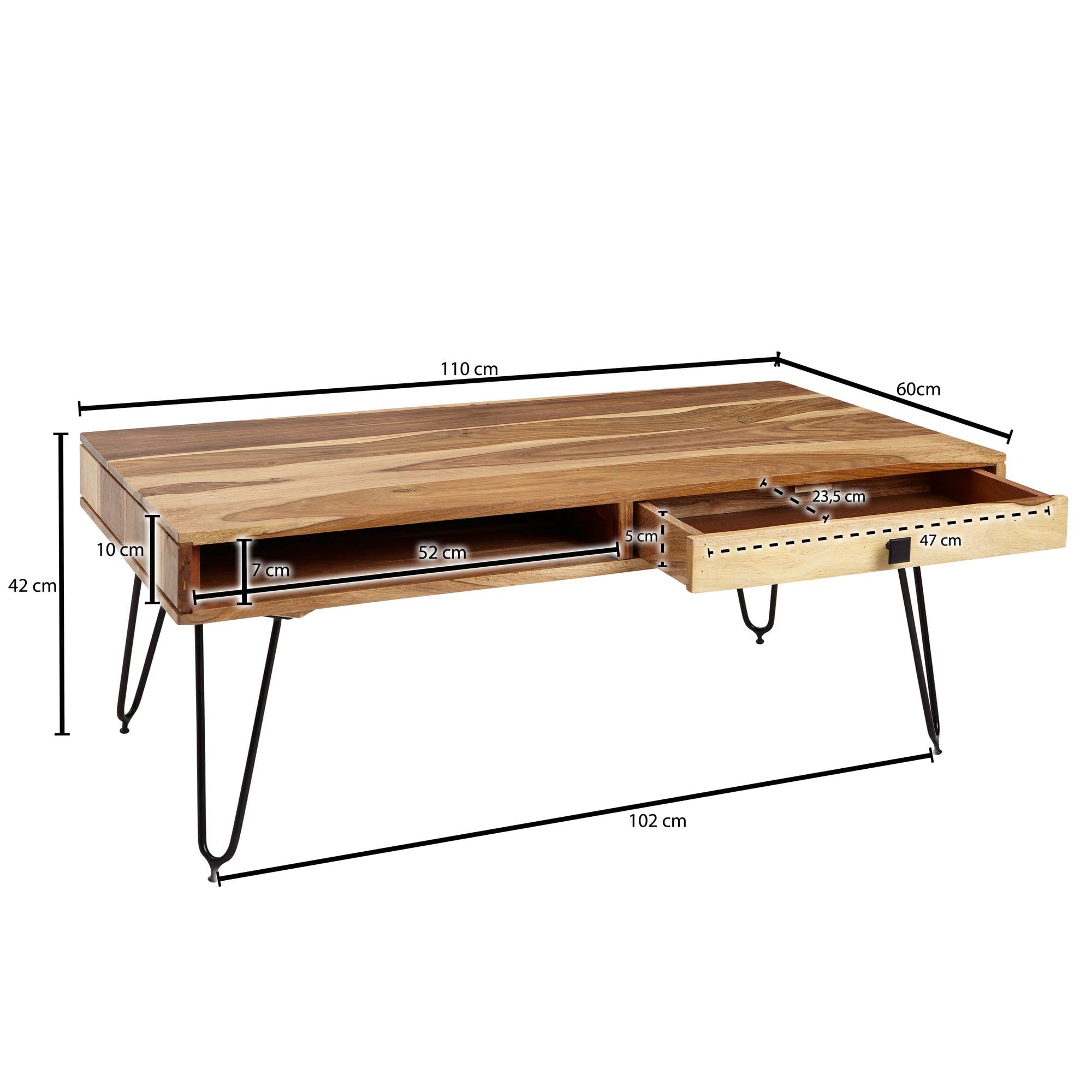 FineBuy Couchtisch 110x60x40 cm Akazie Massivholz, Hairpin Beine | Wohnzimmertisch Industrial mit 2 Schubladen und Ablagefächern, Sofatisch aus Echtholz, handgefertigt