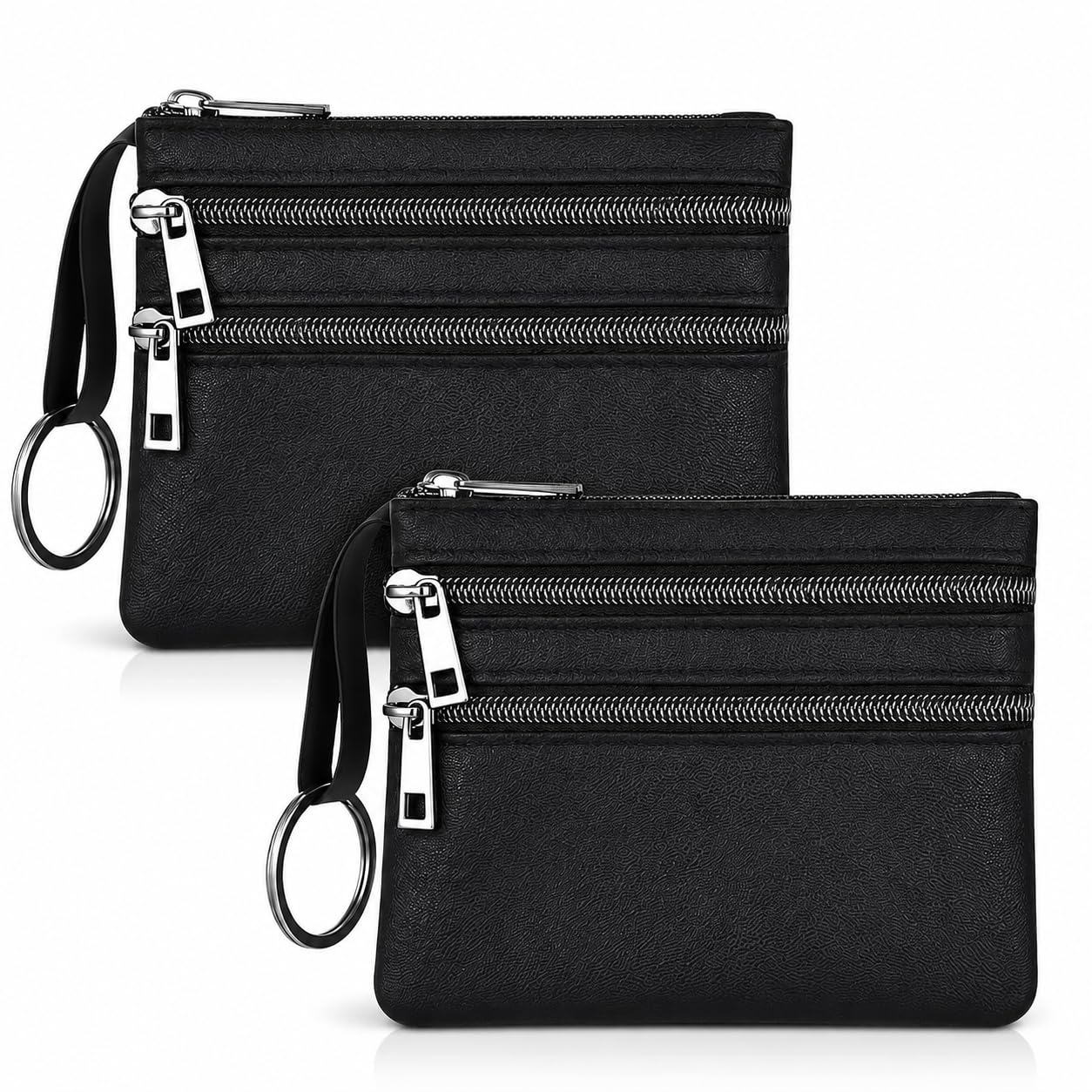 2PCS Petit Porte Monnaie Femme avec 3 Fermeture Éclair Poches et Porte Clés, Petit Porte Monnaie Compact avec 3 Fermetures Éclair et Porte-Clés pour Cartes, Pièces, Clés et Bijoux
