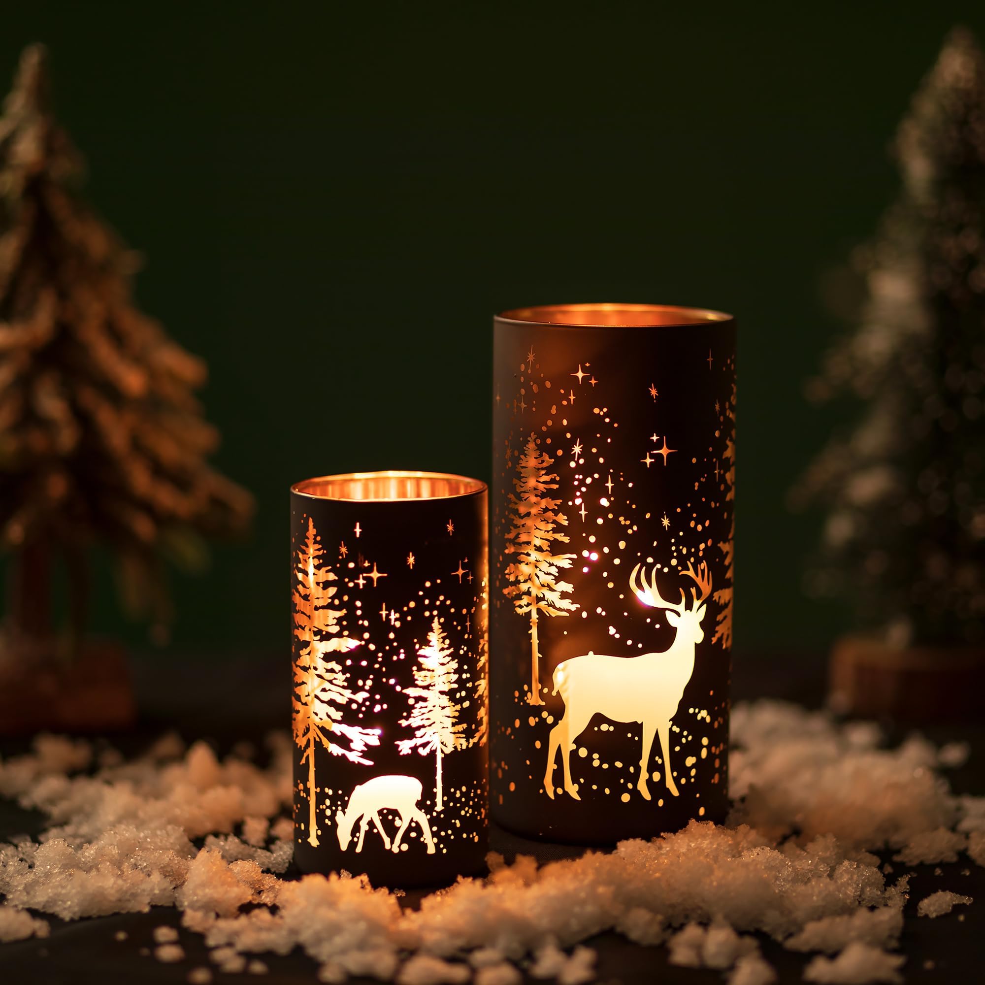 Hewory Juego de 2 portavelas de Navidad con diseño de reno negro, decoración de Navidad, decoración de interiores del hogar, portavelas de cristal para mesa, centro de mesa, mantel, ventana, cocina,