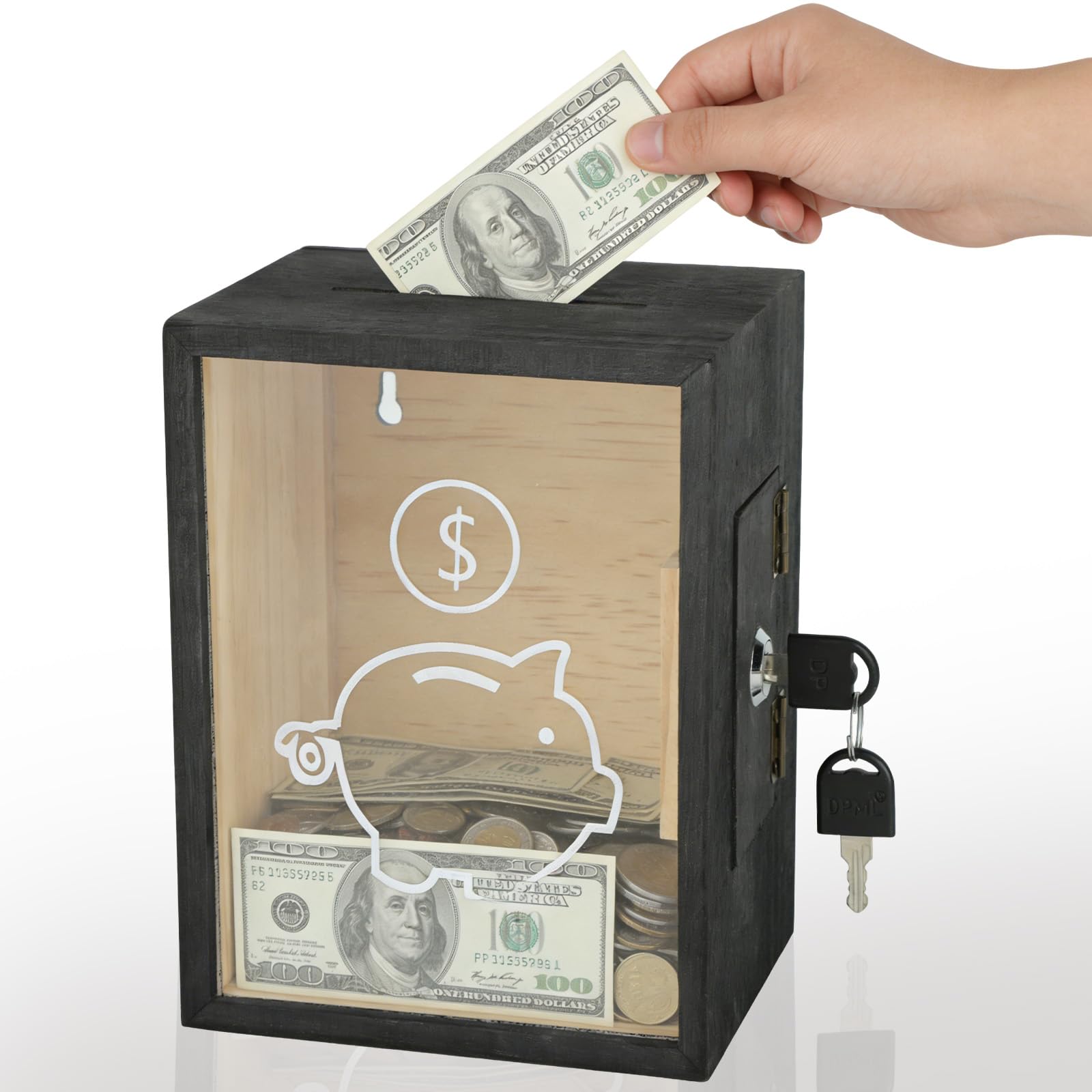 Wooden Clear Piggy Bank for Adults, 15 x 12 x 20cm Rectangle Money Saving Box with Lock and Key Savings Jar for Storing Cash or Coin Large Capacity Money Box for Adults (Black)
