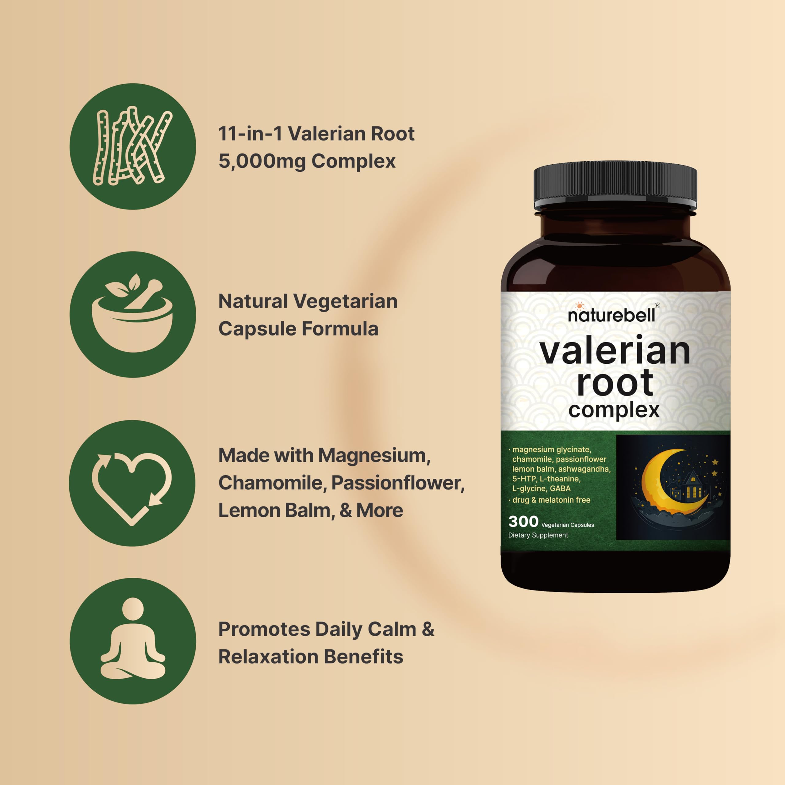 Valerian Root Complex 5,000mg | 300 Veggie Capsules with Magnesium Glycinate, Chamomile, Passionflower, Lemon Balm, Ashwagandha, & More – Relaxation & Sleep Support Supplement – Melatonin Free