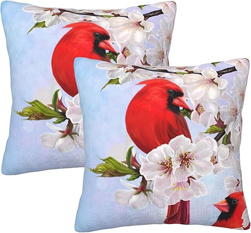 Perinsto Juego de 2 fundas de almohada decorativas de pájaros cardenales de primavera con flores de cerezo fundas de cojín suaves para sofá cama