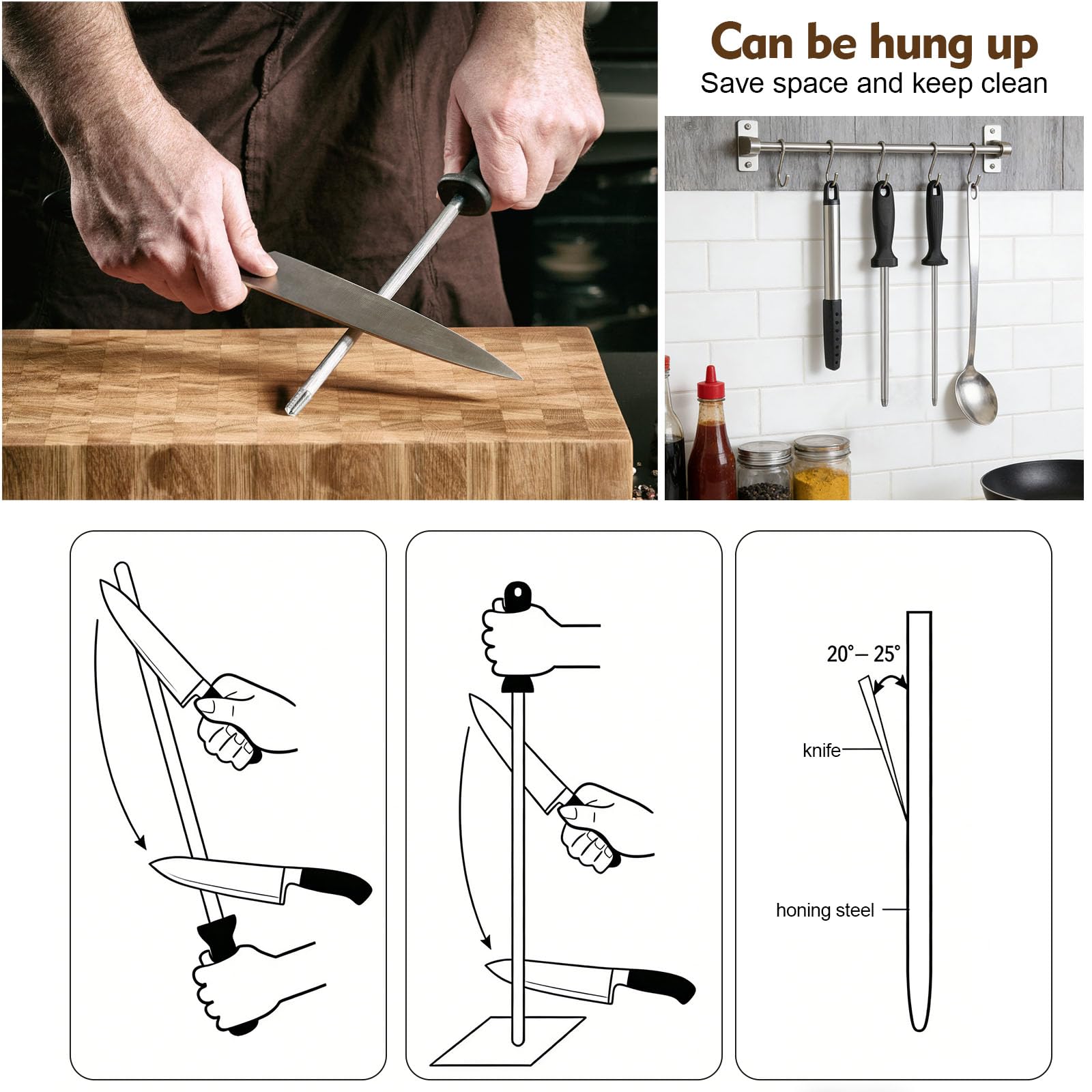 2 Pezzi Affilacoltelli Manuale Acciaino Affilacoltelli in Acciaio da Cucina per la manutenzione quotidiana dei coltelli da cucina