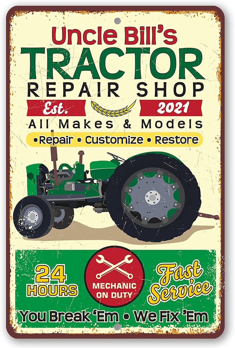 Personalized Tractor Repair - Vintage Farmhouse Decor, Farm Display and Country Home Decoration, Tractor Machine Repair Shop Display and Farmers Gift, 8x12 or 12x18 Indoors or Outdoors Metal Sign