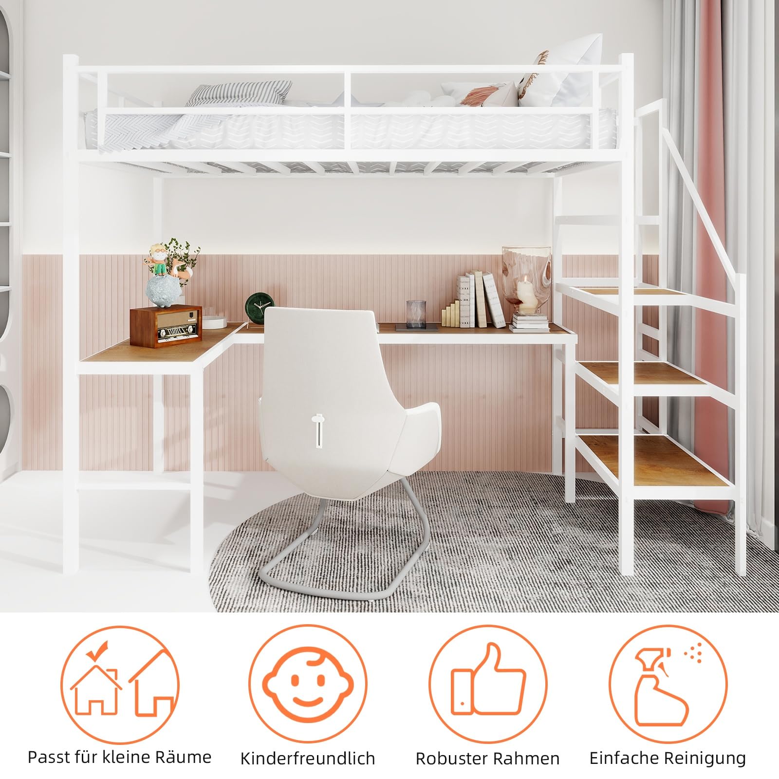 Letto a soppalco 1 posto con scrivania incorporata a L, scala con ripiani di stoccaggio, barriera di sicurezza, per camera studentesca(senza materasso) (A-bianco)