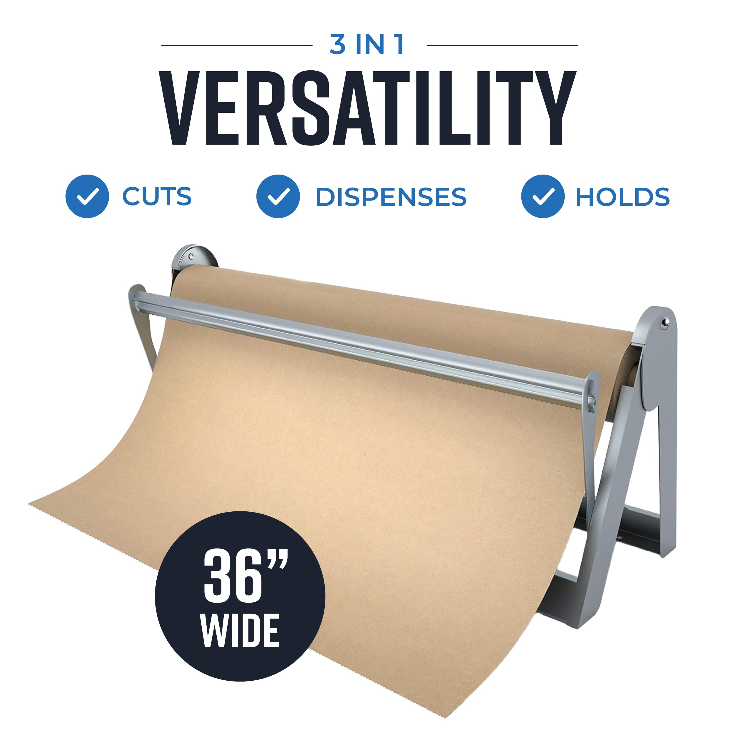 Bryco Goods - Dispenser e taglierina per rotolo di carta da 91,4 cm, realizzato in robusto telaio in acciaio e lama affilata. Tiene, dispensa e tagli. Montabile a parete e piano del tavolo antiscivolo