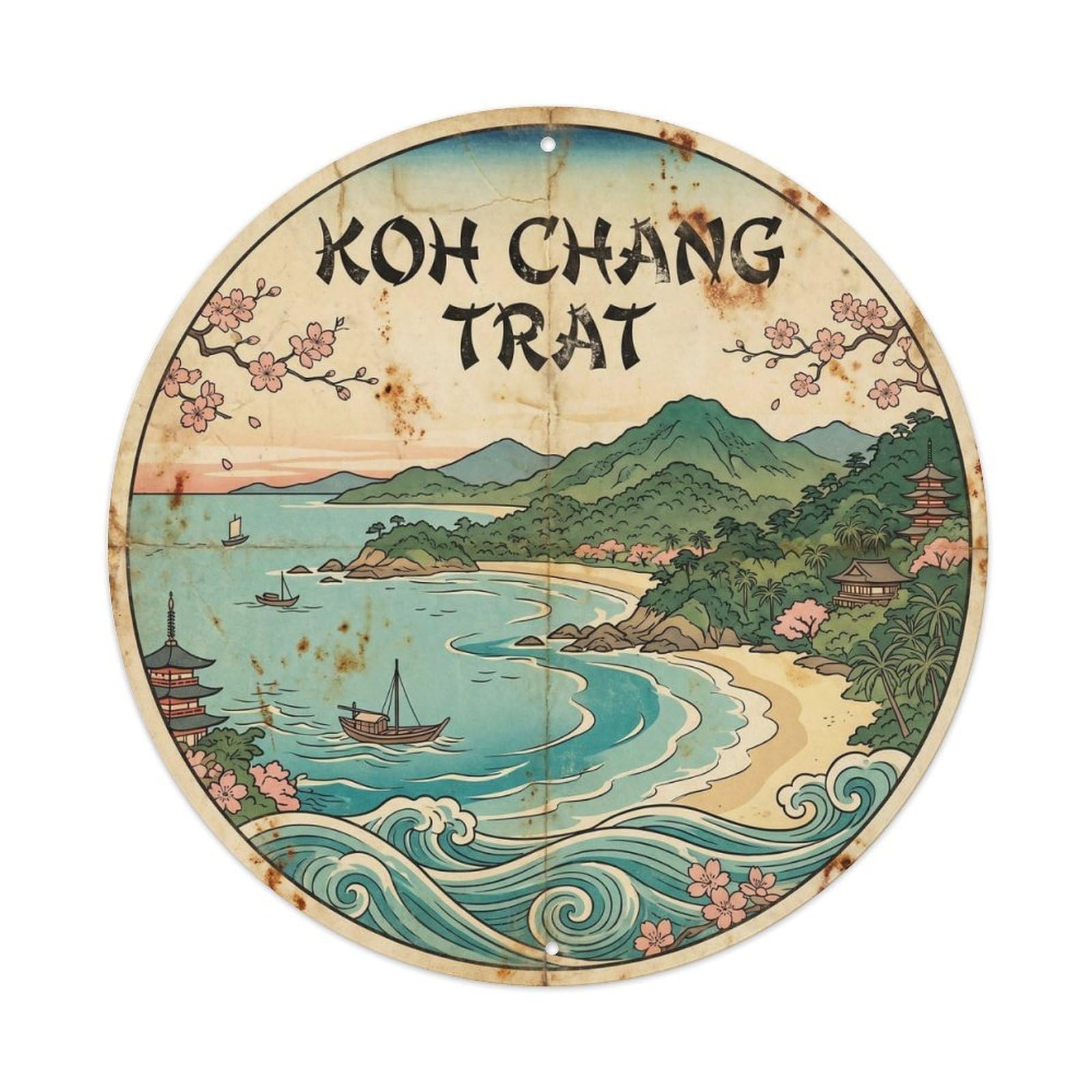Koh Chang Trat Beach Destination Woodblock Metal Tin Sign
