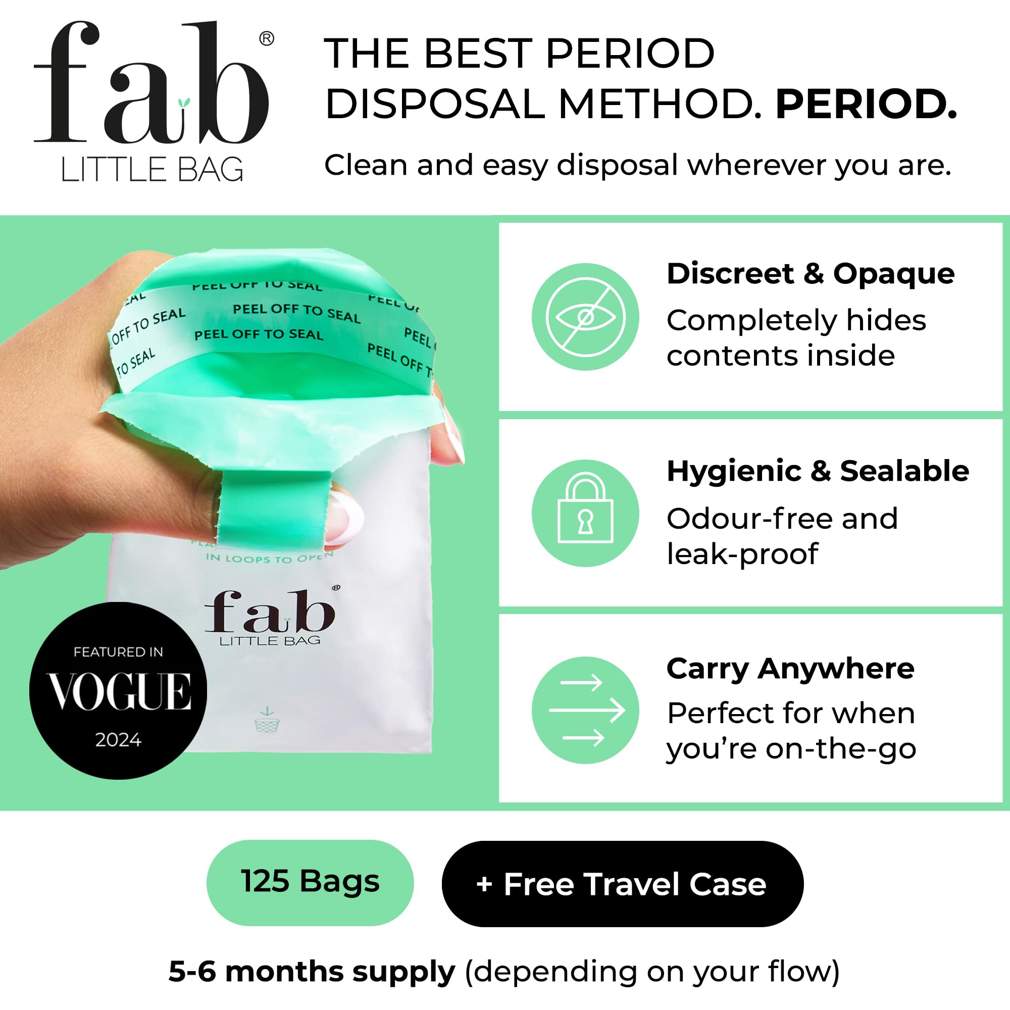 Fab Little Bag Worki sanitarne - zapobiega powstawaniu nieprzyjemnych zapachów, bez bałaganu, przyjazne dla środowiska, zamykane, przyjazne w podróży - opakowanie 125 worków, The Sixer