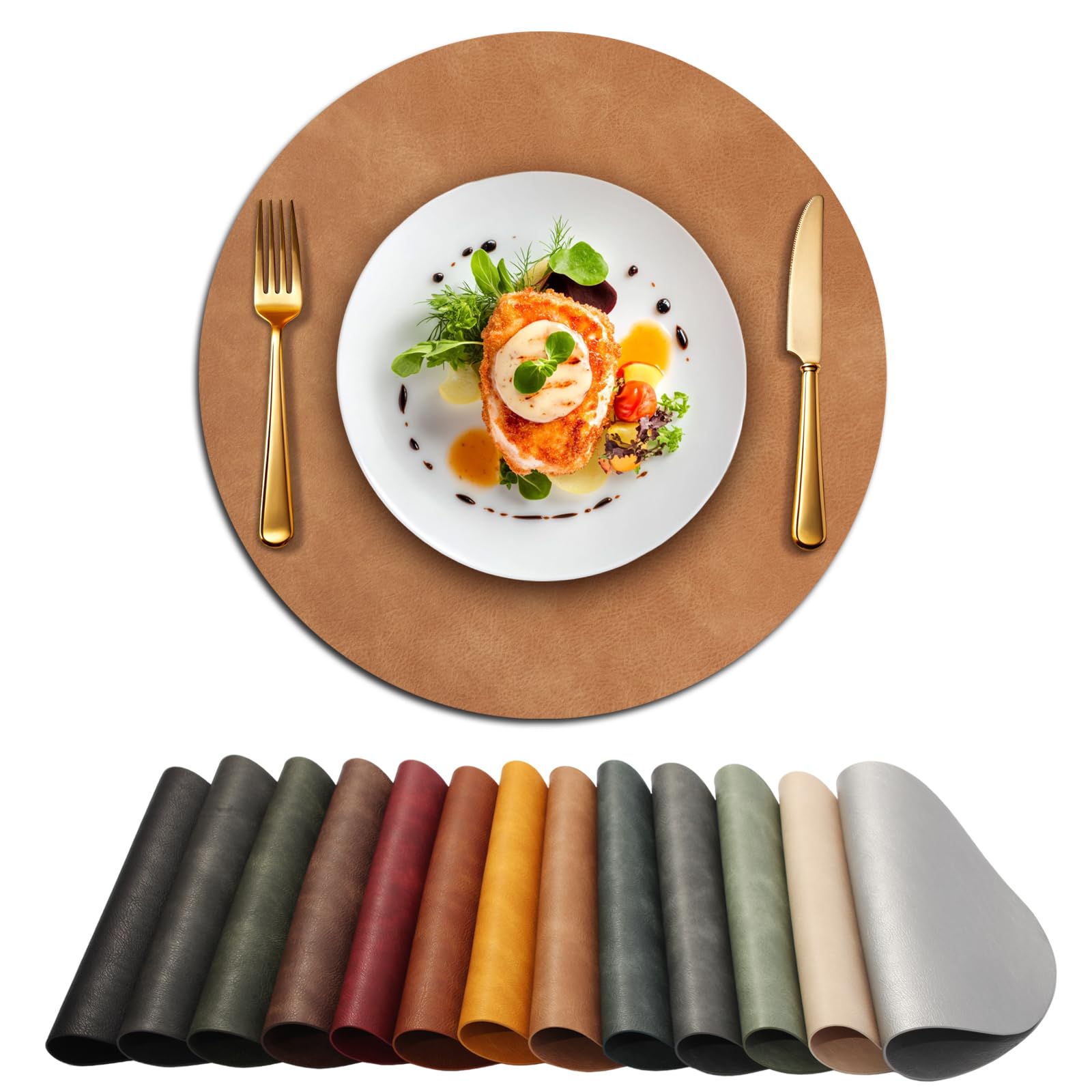 UnivoColors Placemats Round Faux Leather Placemats Set of 4-Waterproof-Wipe Clean-Heat Resistant-Anti Slip Dining Table Place Mats,Suitable for Indoor &amp; Outdoor Use,15".Retro Camel