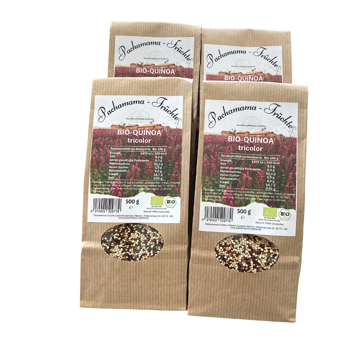 4 X 500g Quinoa tricolor bunt Bio aus Peru | Pachamama-Früchte | Vegan Superfood Glutenfrei
