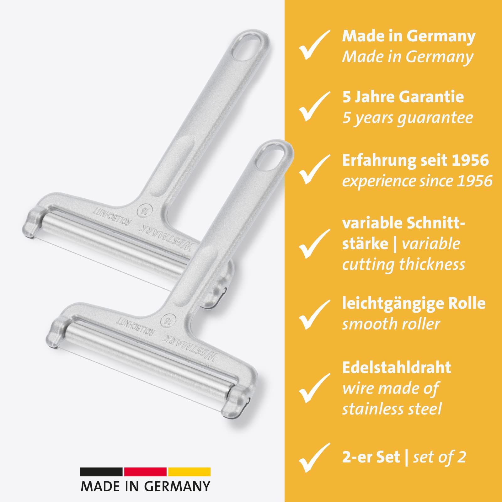 Westmark 2 Affetta-formaggio con Rullo e Filo Tagliente, Spessore Regolabile, Acciaio Inox/Alluminio, Rollschnitt, Argento, 710022E3