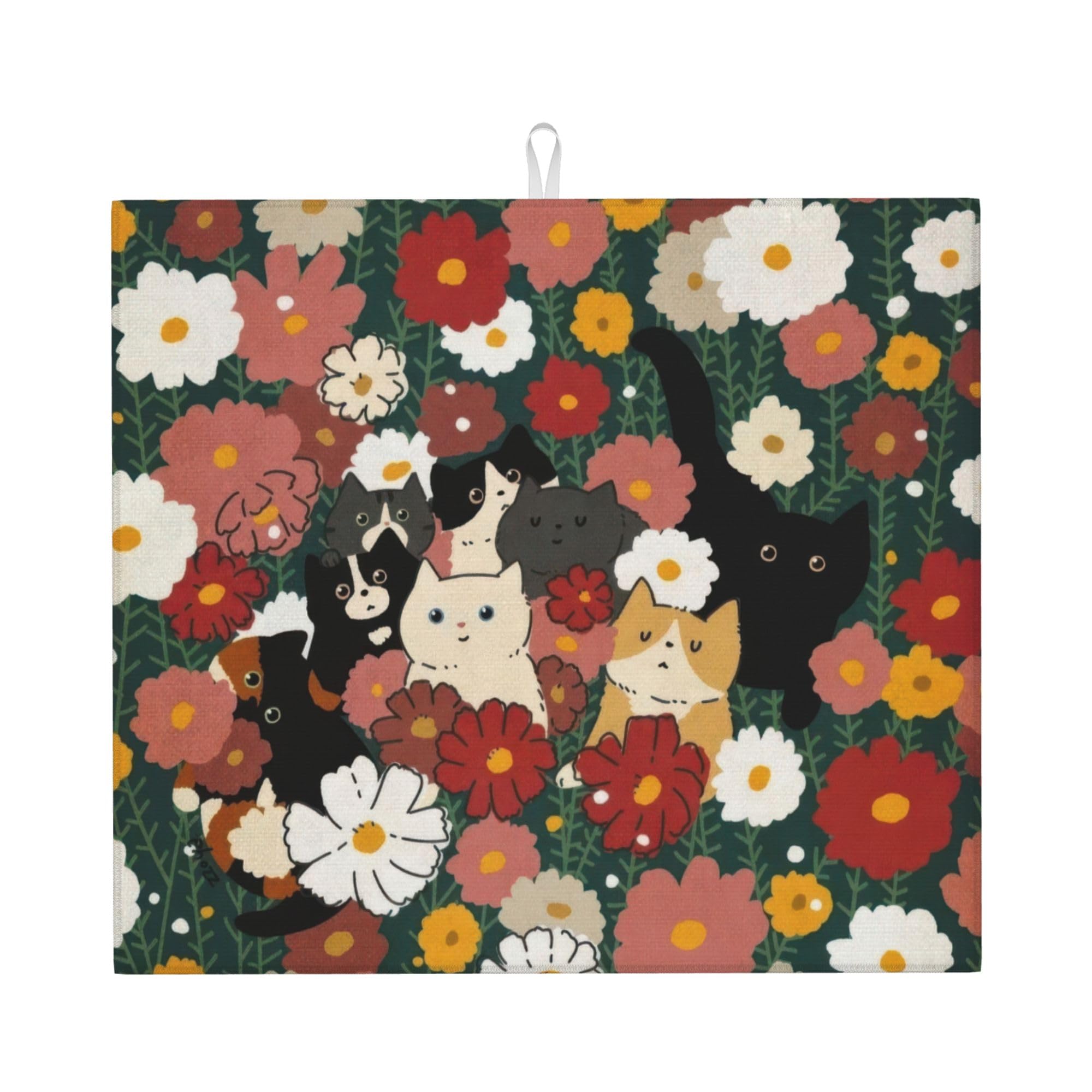 Cute Cat Flowers Dish Drying Mat 16x18 Inch, Microfiber Absorbent Fast Dry Mat Colorful Floral Large Dish Mat Drying Kitchen Mat, Kitchen Drying Pad