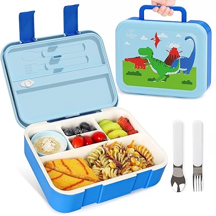 Lehoo Castle Bento Lunch Box for Kids with 5 Compartments,1250ml Lunch Containers with Sauce Jar, Spoon&Fork, Durable, Leak Proof, BPA-Free and Food-Safe Materials(Dinosaur)
