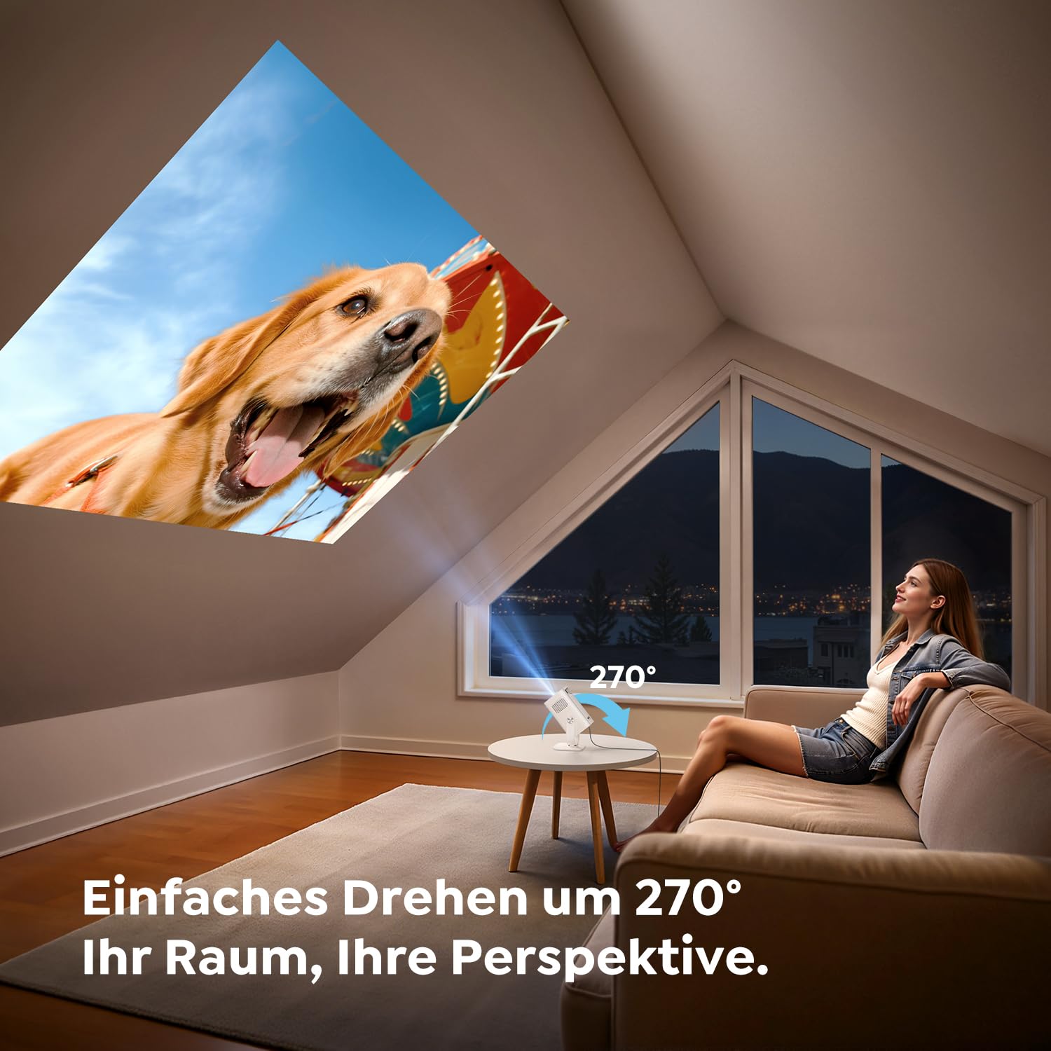 Mini Beamer 4K 1080P Unterstützt [Android 14 & 270° Drehbar] Smart Beamer Klein mit WiFi 6 Bluetooth 5.4, Tragbarer Projektor Heimkino Outdoor mit Auto Trapezkorrektur für HDMI/Android/iOS/PC/USB
