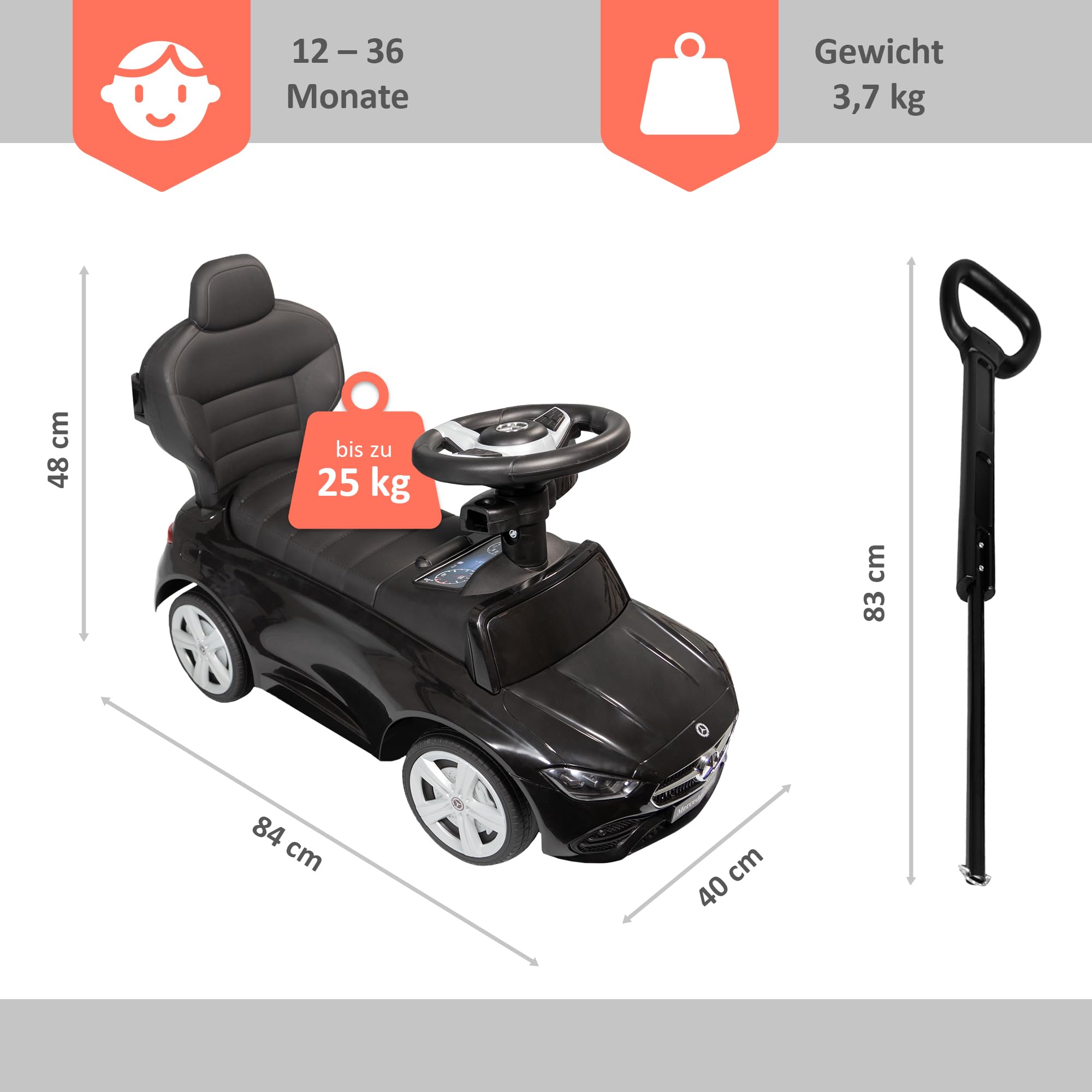 Lemodo Rutschauto schwarz ab 1 Jahr – Rutscherfahrzeug Kinderfahrzeug mit Schiebestange und Sicherheitsbügel, Rutscherauto mit Staufach und Sound-Lenkrad, Lizenziertes Kinderspielzeug von Mercedes