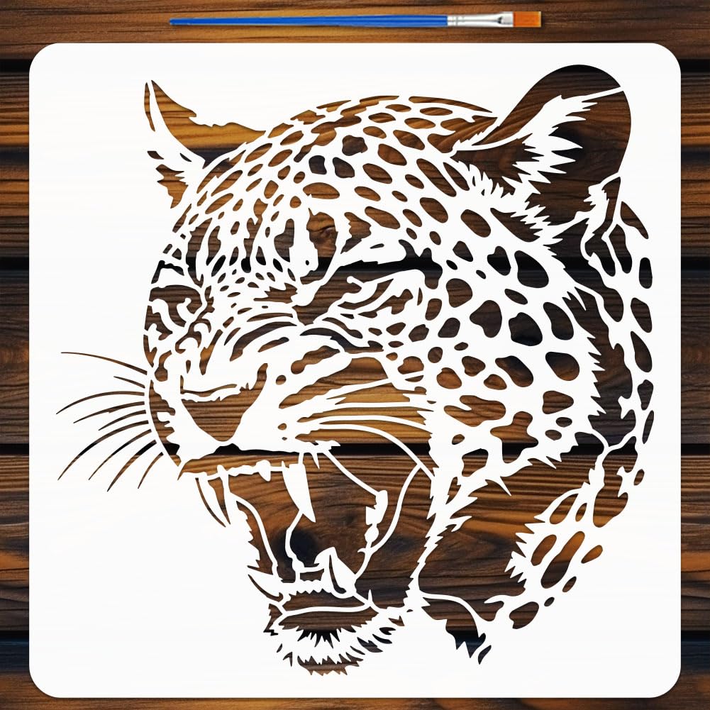 FINGERINSPIRE Fierce Leopard Painting Stencil with Paint Brush 30x30cm Reusable Leopard Pattern Drawing Template Plastic PET Animal Head Stencil Animal Theme Template for Floor Decoration