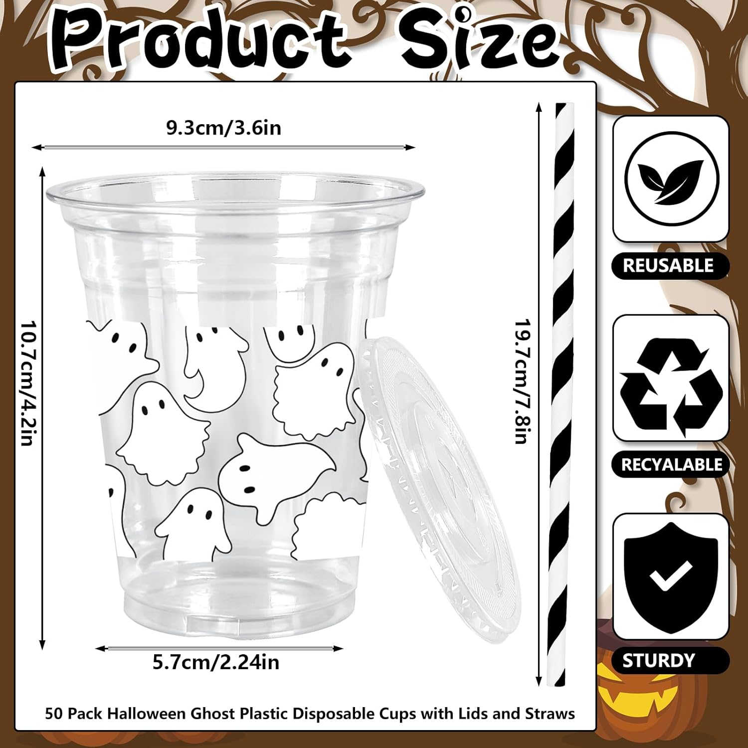 Whaline 50 Pcs Halloween Plastic Cups with Lids and Straws White Ghost Design Disposable Clear Drinking Cups 12 Oz for Birthday Party Supplies - Image 2