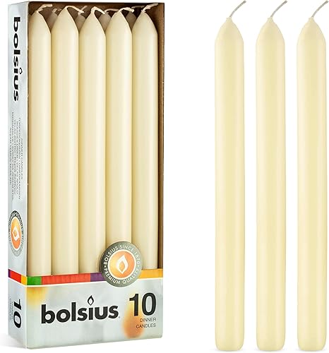 BOLSIUS Ivory Dinner Candles - Juego de 10 velas rectas sin perfume de 9 pulgadas, 8 horas de tiempo de combustión, calidad europea premium, sin