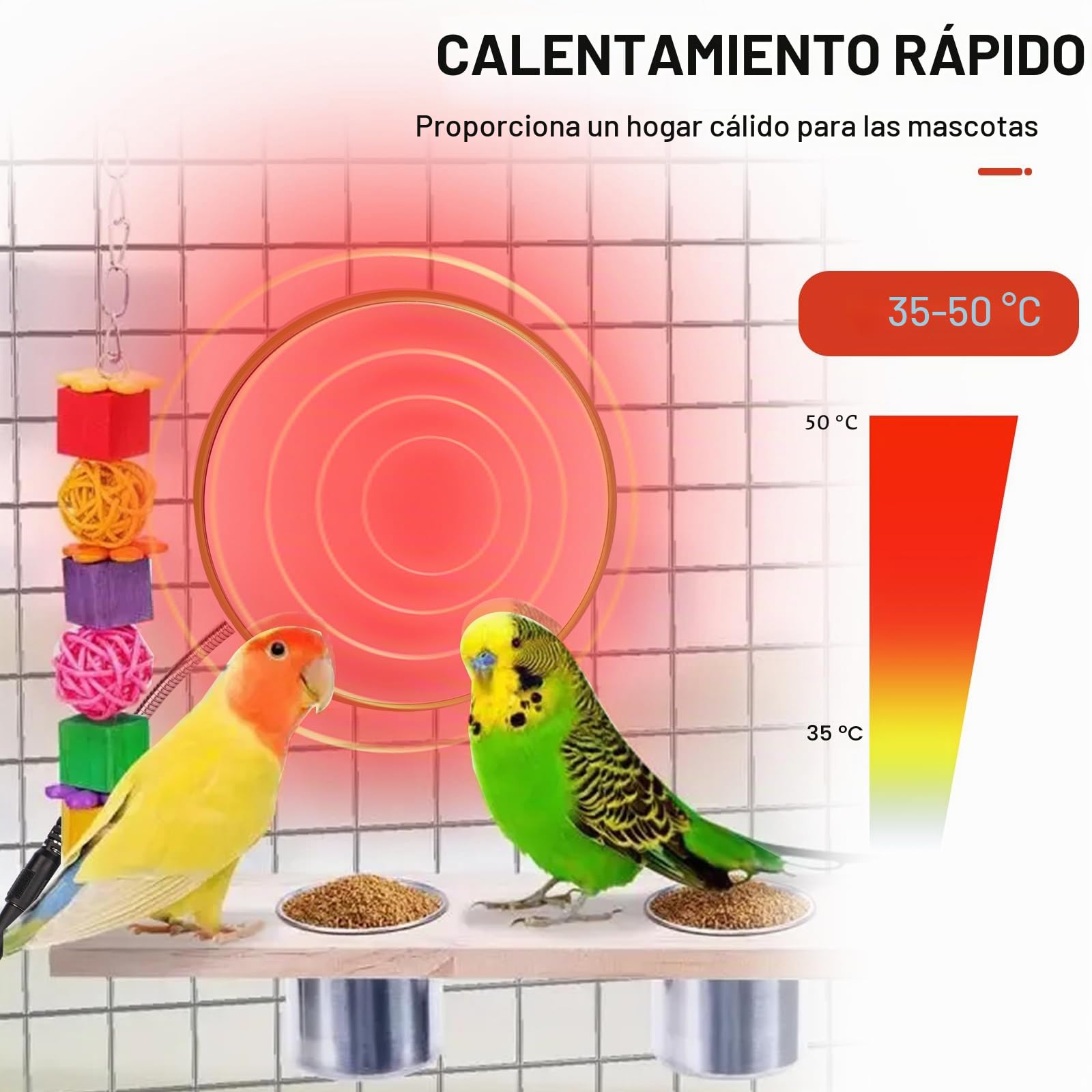 Calentador De Jaula para Pájaros Calentador De Pájaros con Espejo y Cuerda Anti Mordeduras 18W Almohadilla Calefactada para Placa Calefactora para Periquitos Loros Cacatúas Conure