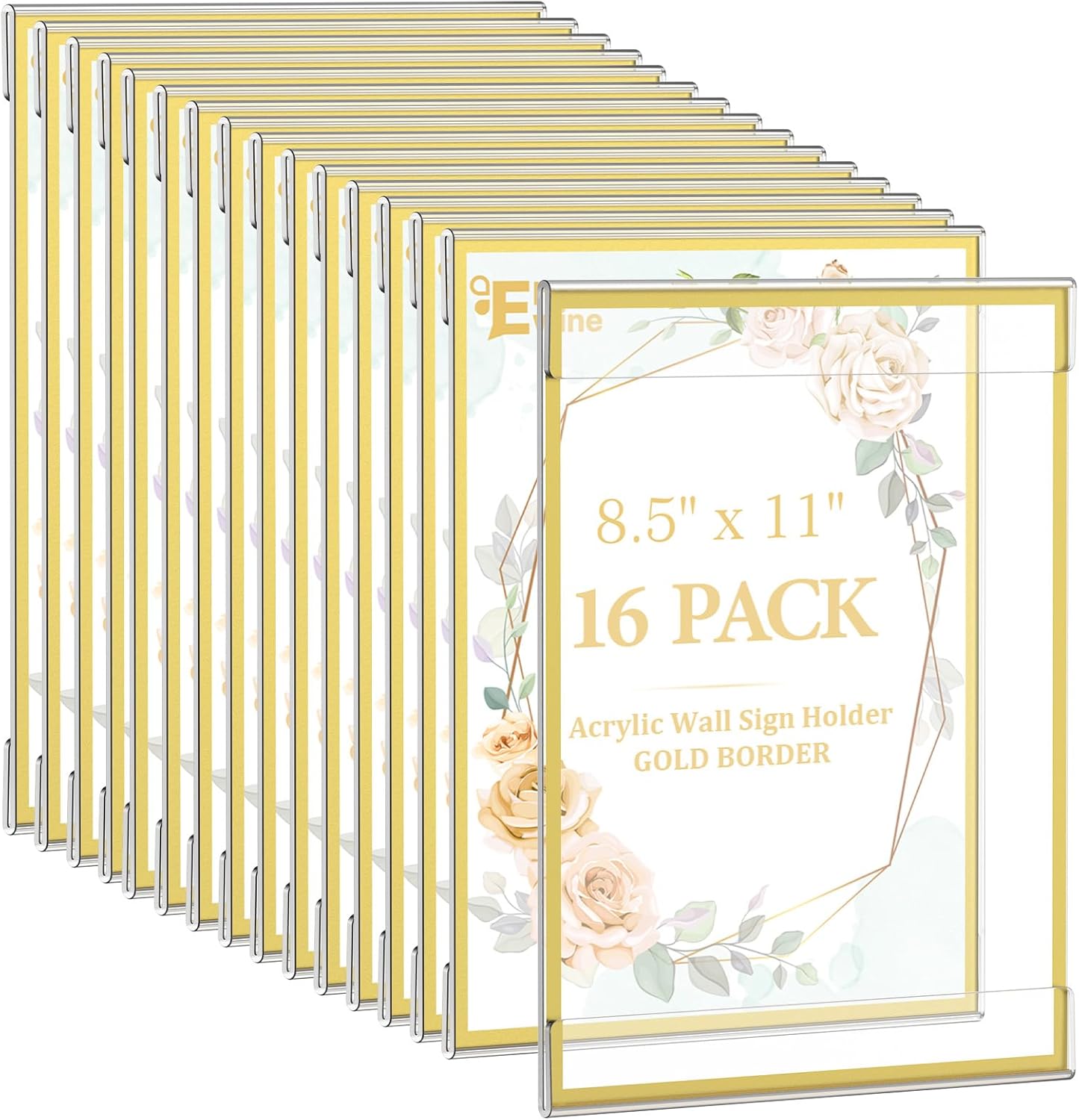 EHWINE 16 Pack 8.5 x 11 Acrylic Sign Holder Wall Mount, Gold Acrylic Picture Frame for Photo Menu Flyer Display, Wedding Party Home Hotel Store(with Adhesive Tape)